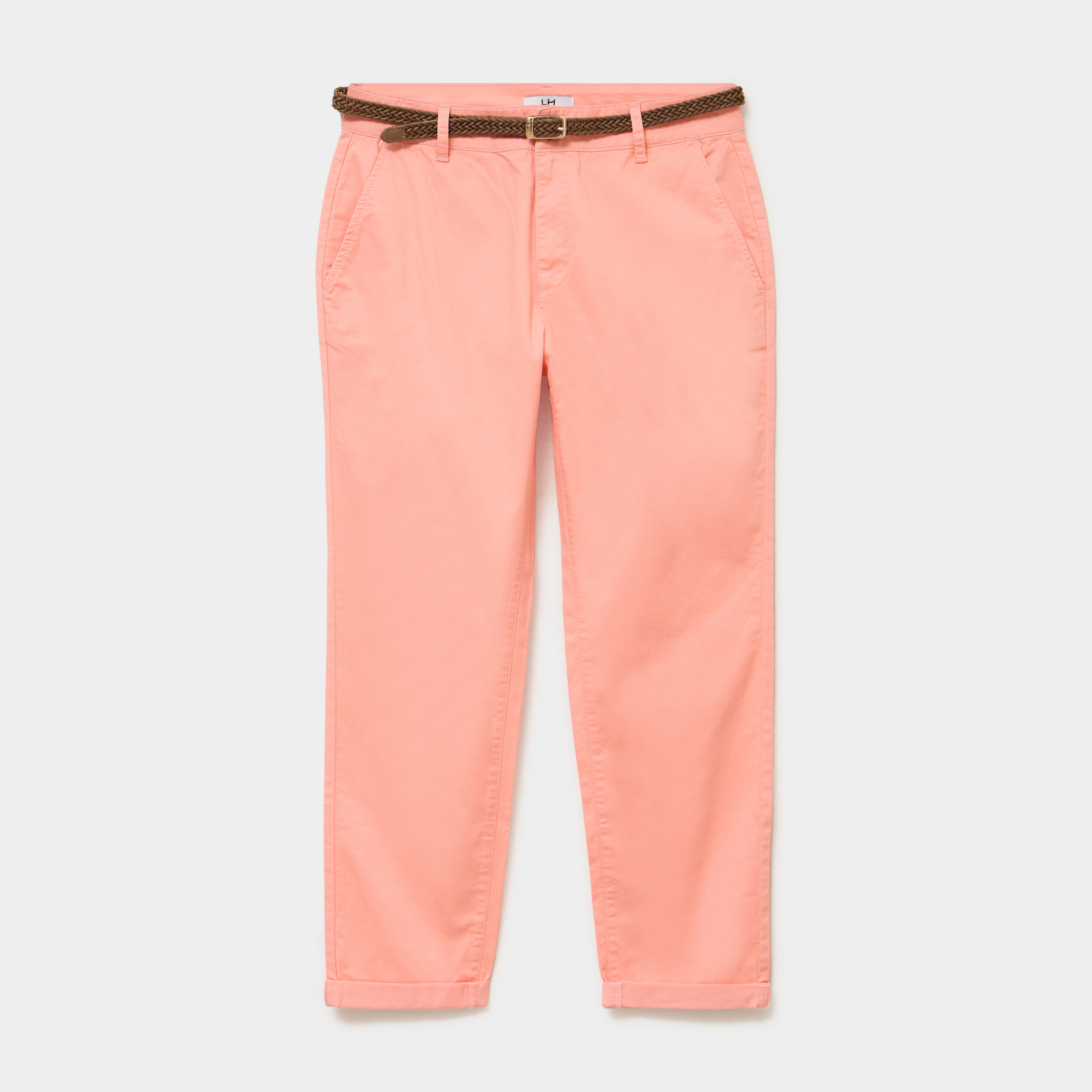 Pantalon chino 7/8&egrave;me ceinture tress&eacute;e orange corail femme