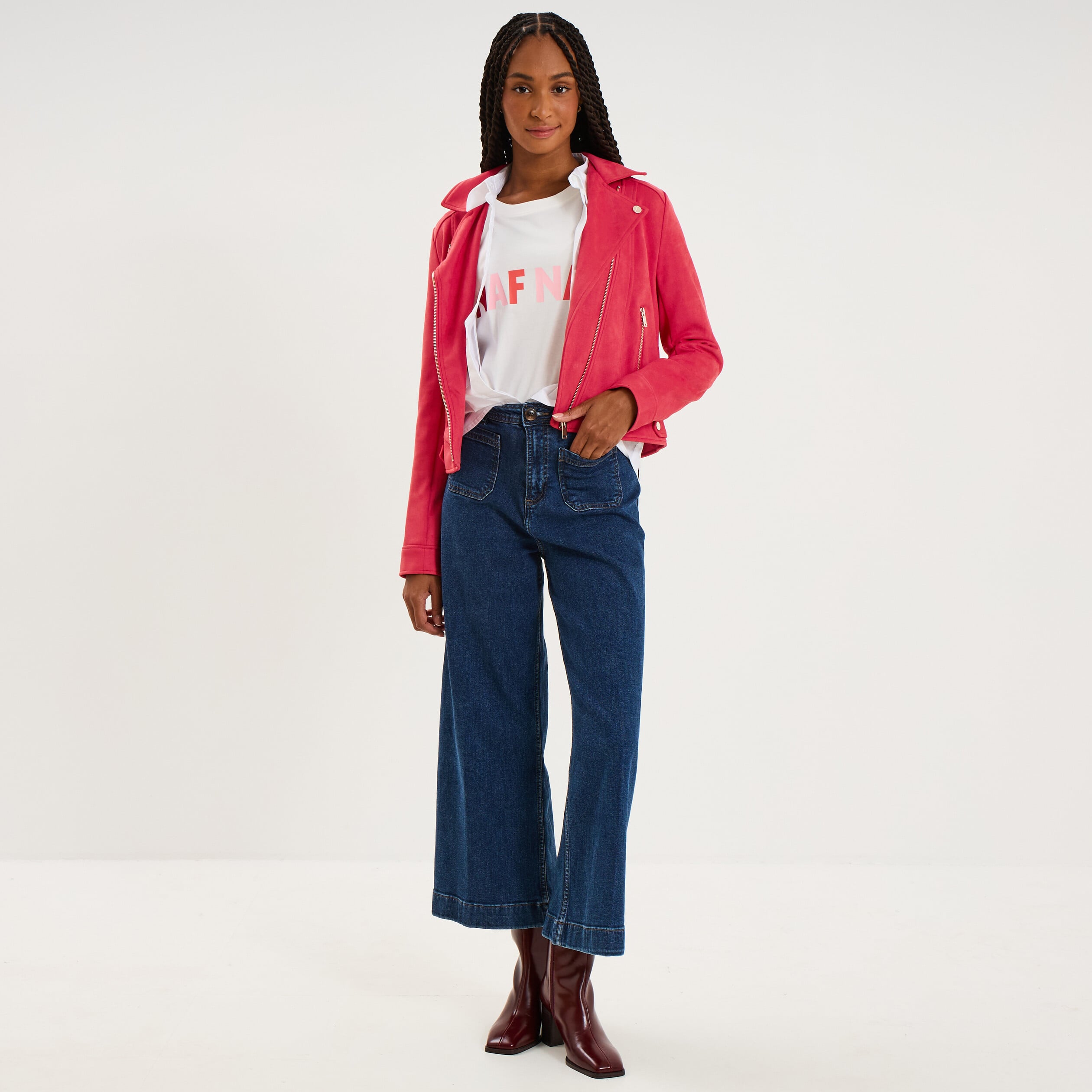 Veste biker en su&eacute;dine ajust&eacute;e rose cerise femme