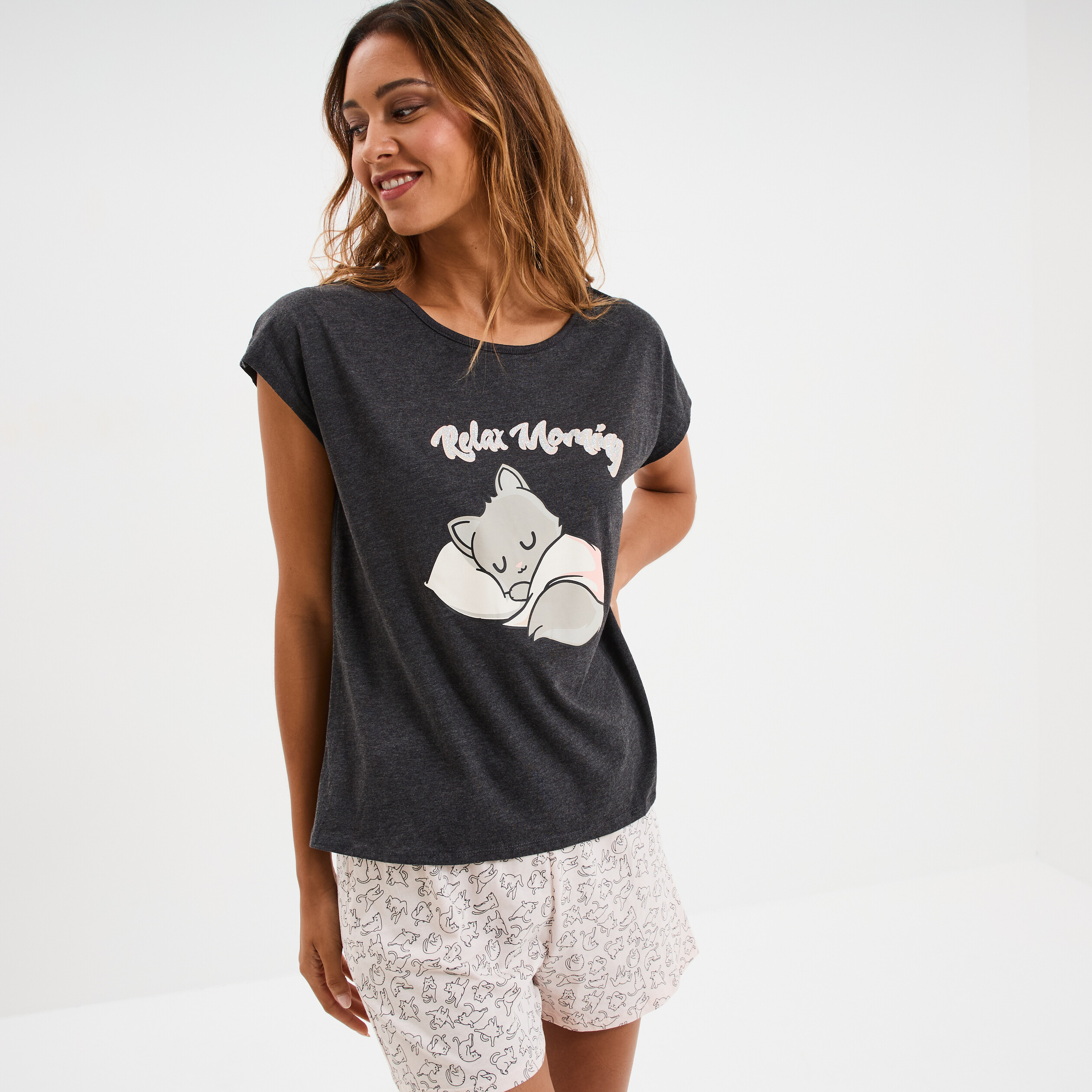 ensemble pyjama short 2 pieces coton gris fonce femme Ensemble pyjama short 2 pièces coton gris foncé femme