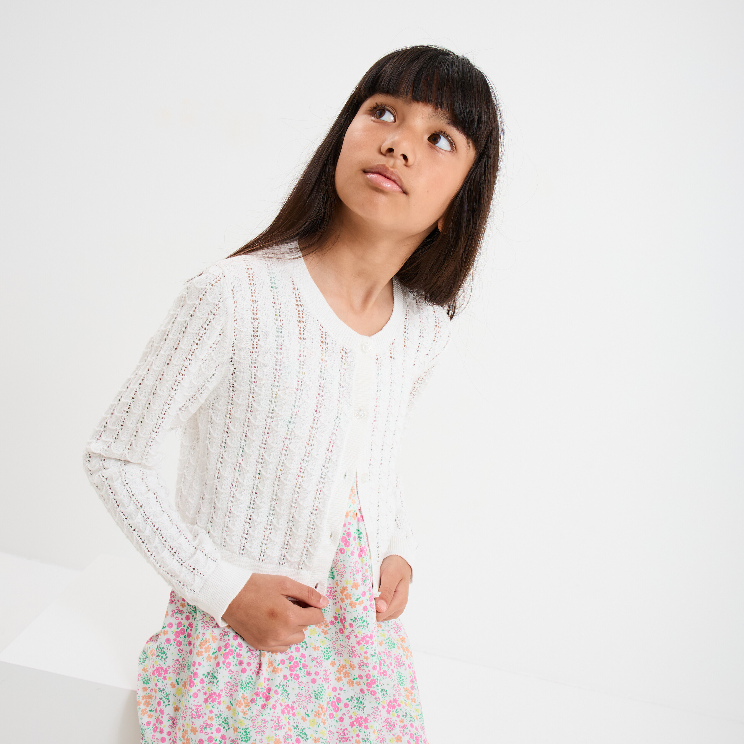 Cardigan enfant Maille de coton ivoire jacquard Oblique vert et bleu