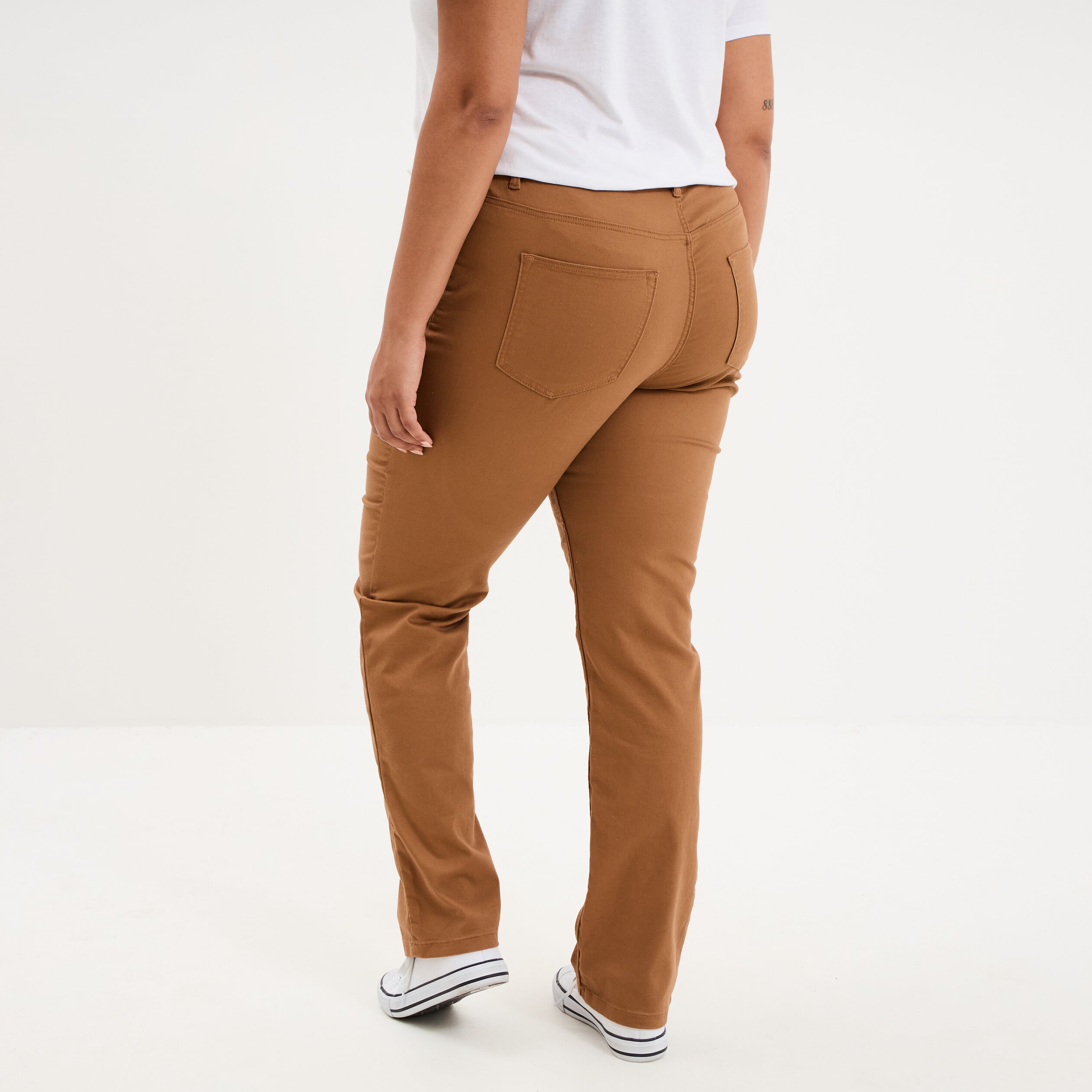 Pantalon droit taille haute extensible marron femme grande taille