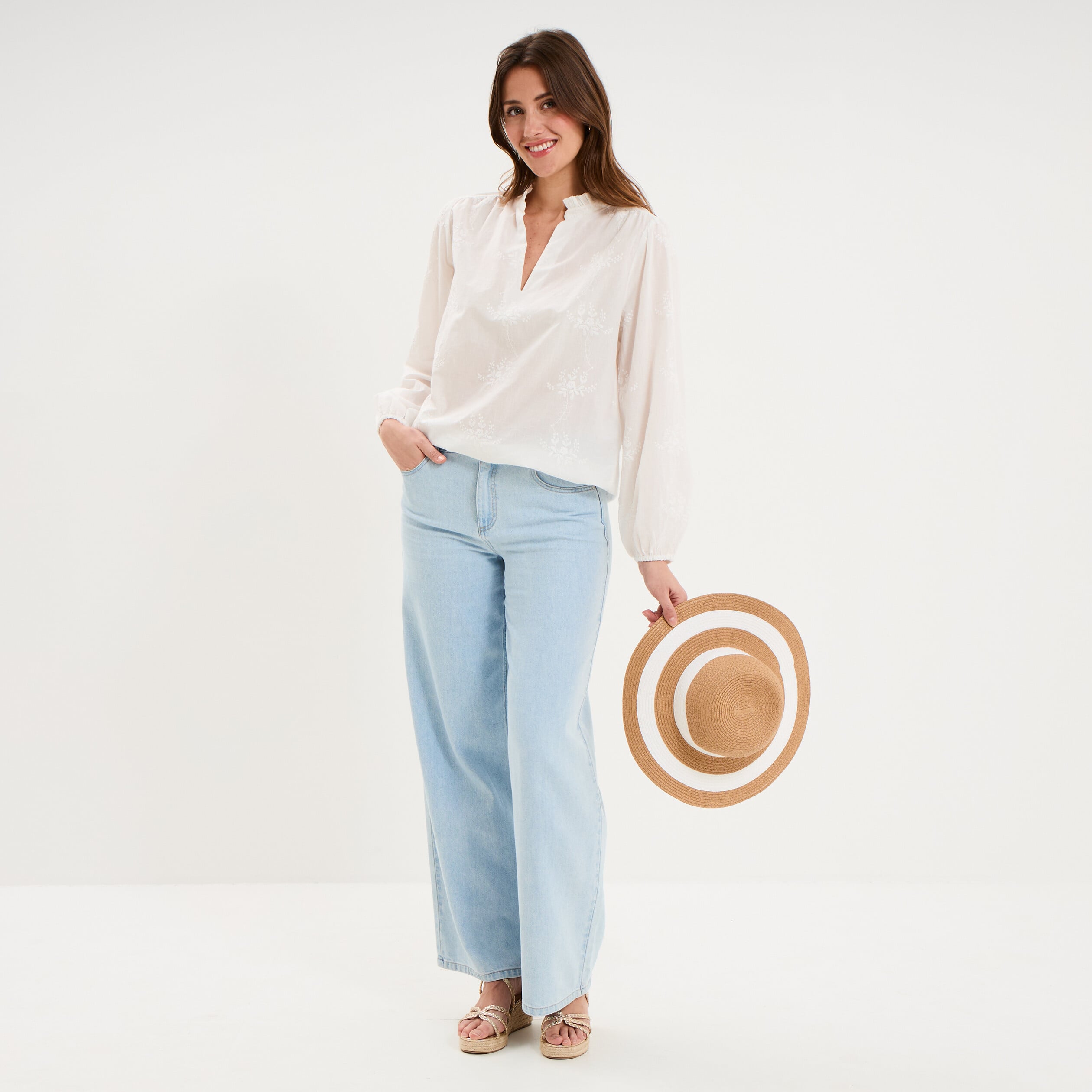 Blouse brod&eacute;e manches longues coton blanc femme