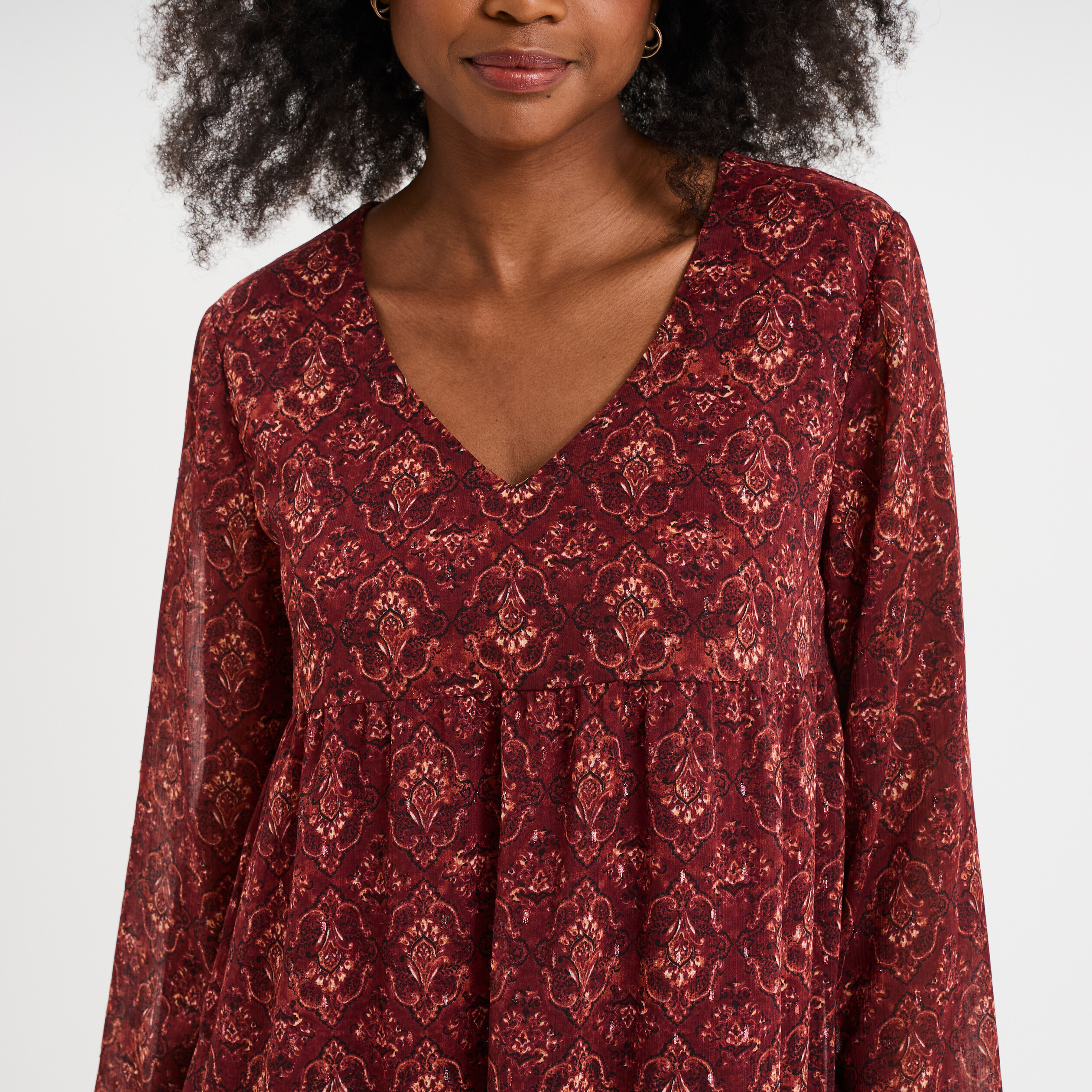 Robe évasée col en V et volants bordeaux femme