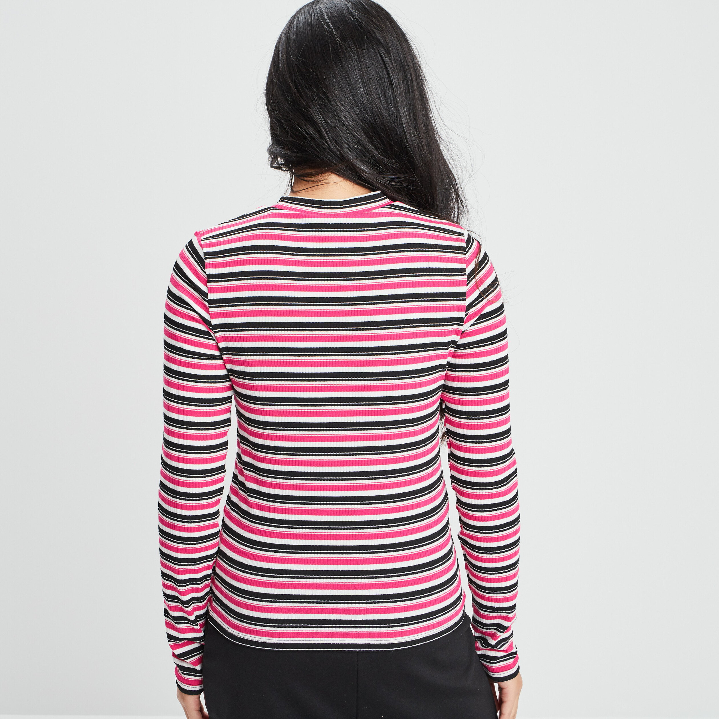 T-shirt manches longues côtelé rose vif femme