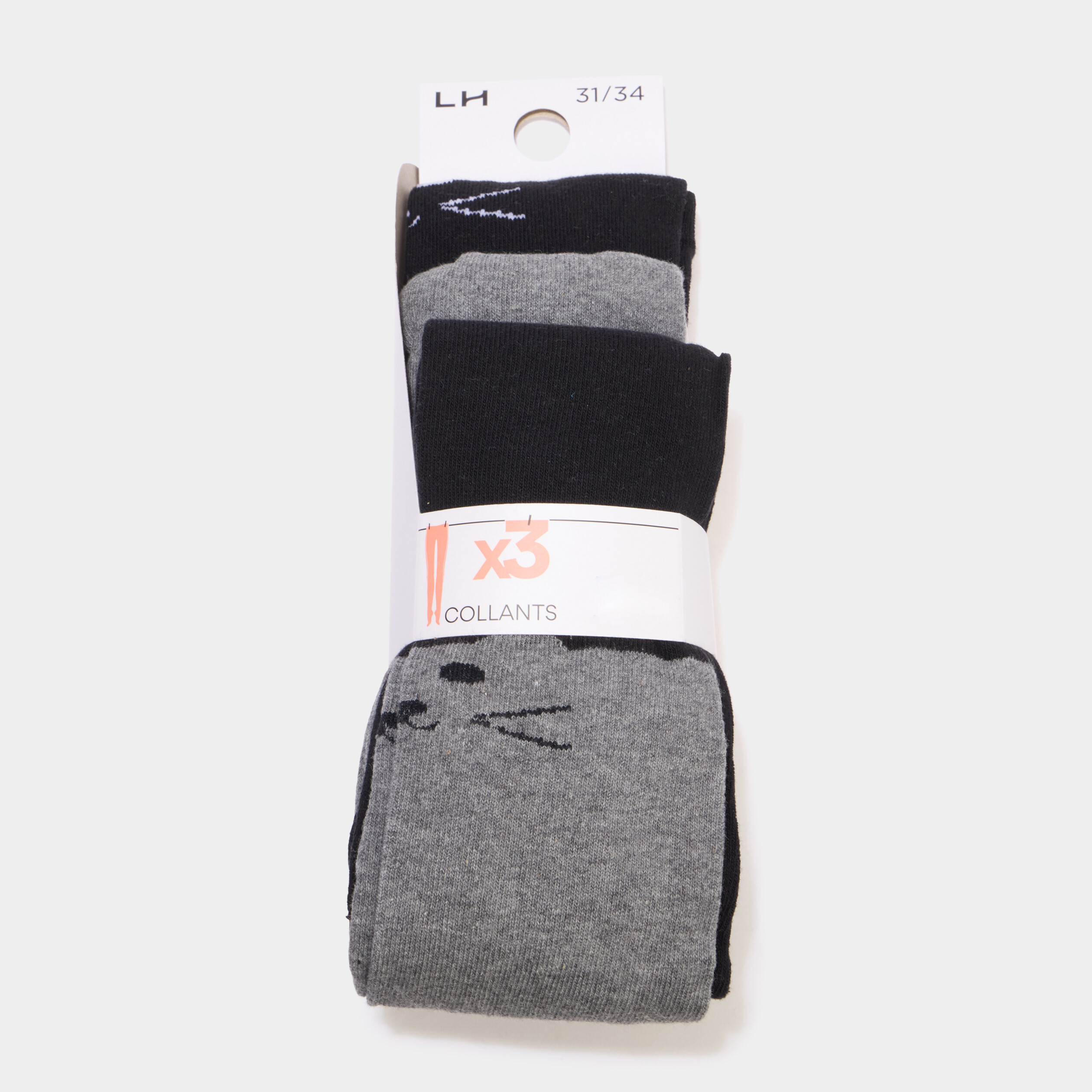 Lot 3 collants coton d&eacute;tail chat gris fille
