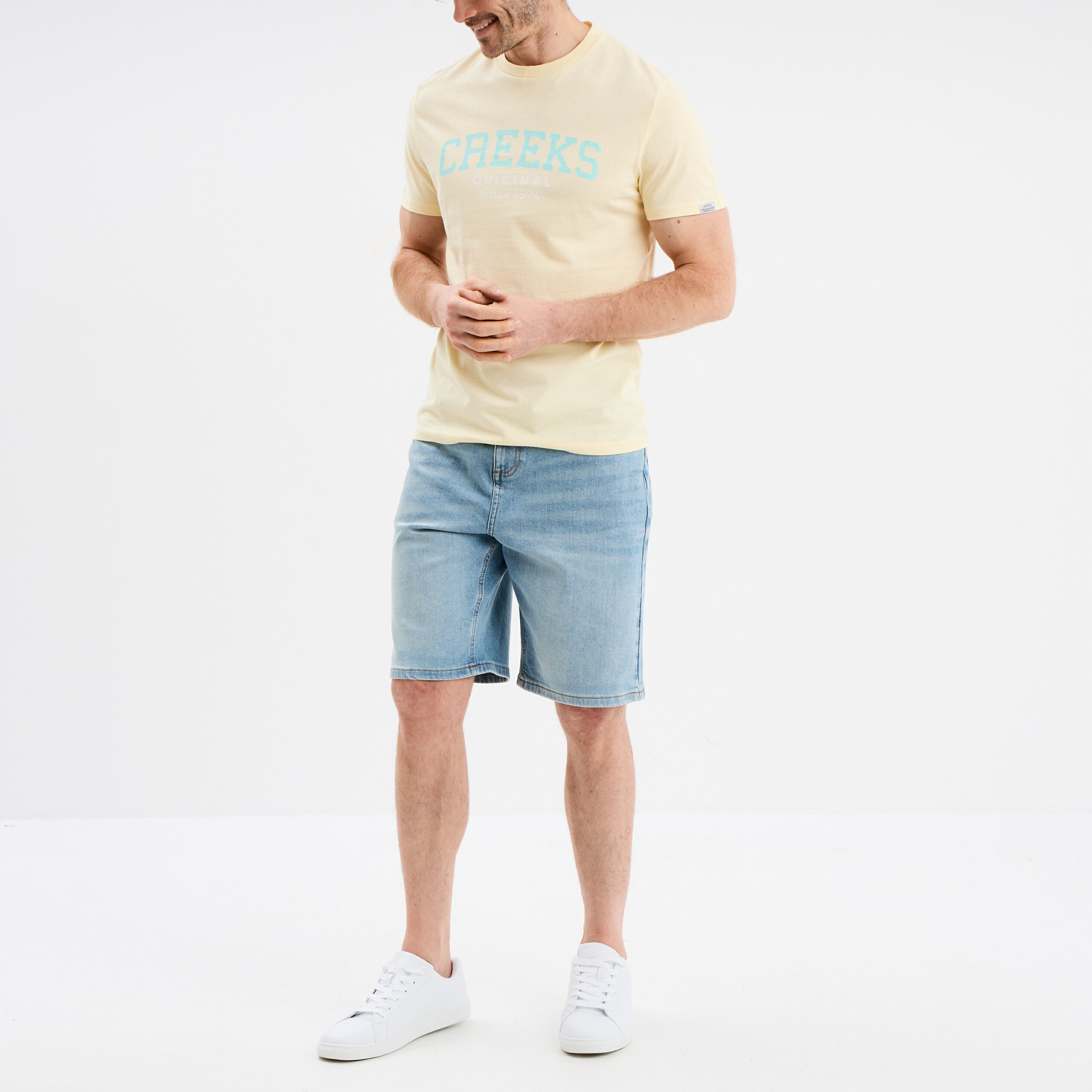 T-shirt col rond manches courtes coton jaune clair homme
