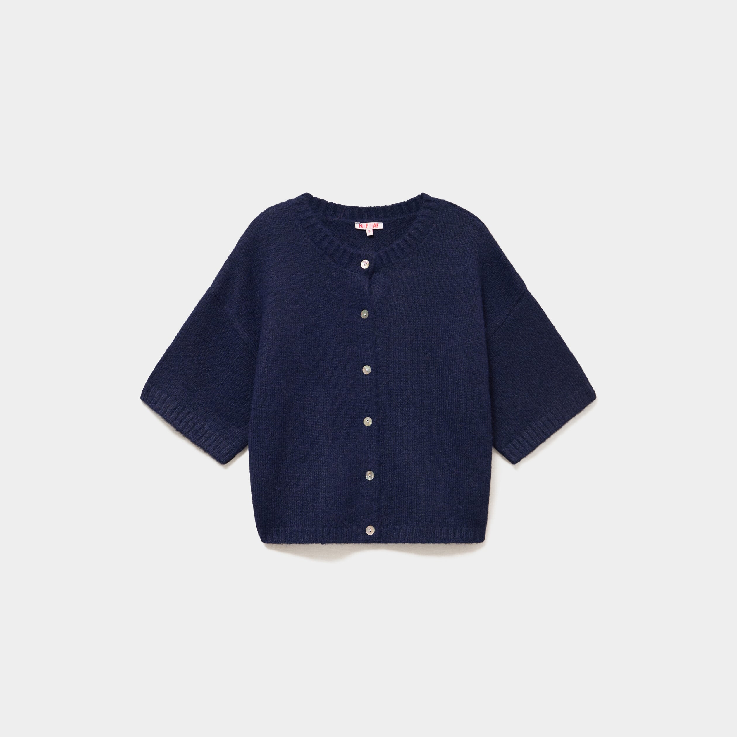 Gilet boutonn&eacute; manches courtes col rond bleu fonc&eacute; femme