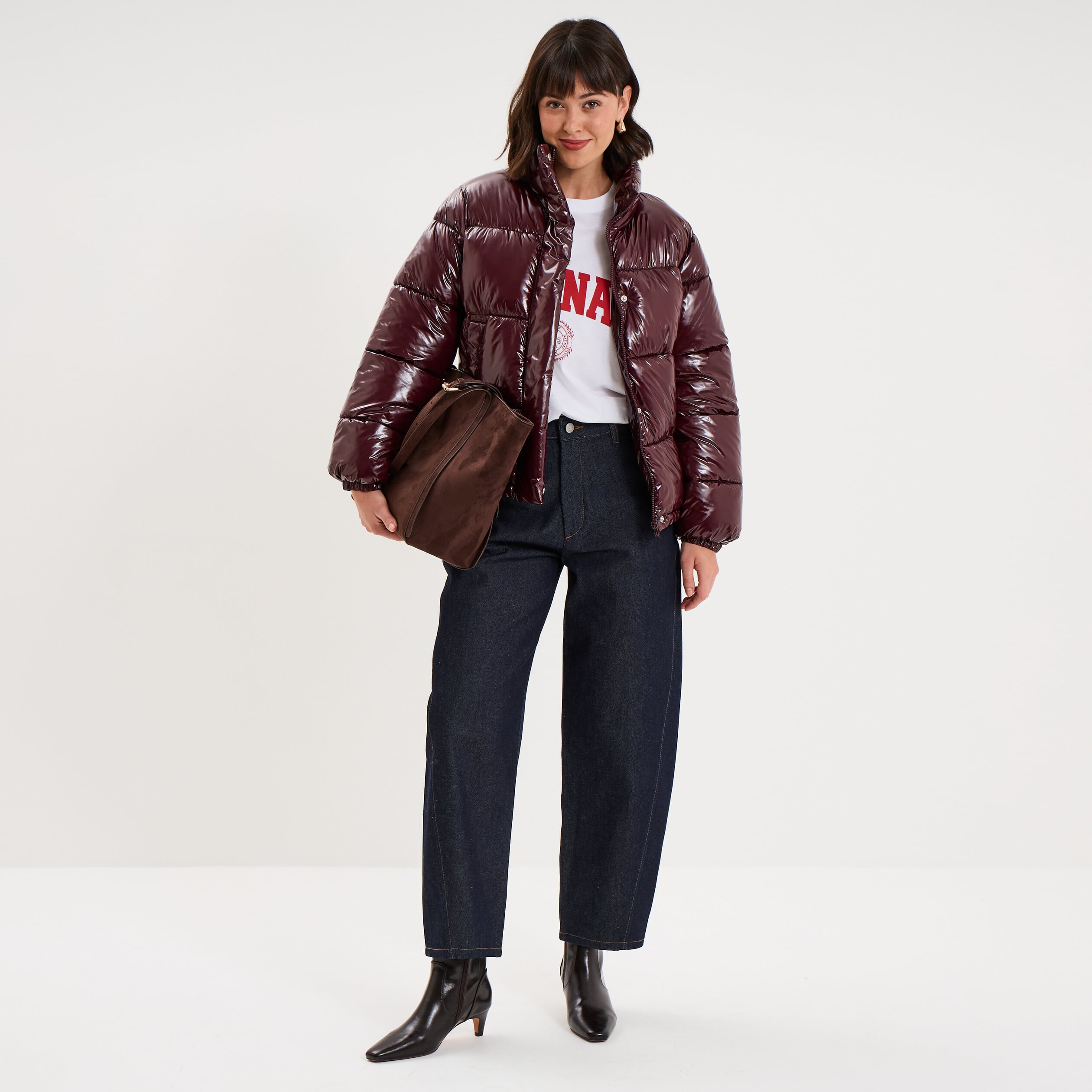 Doudoune courte oversize col montant violet fonc&eacute; femme
