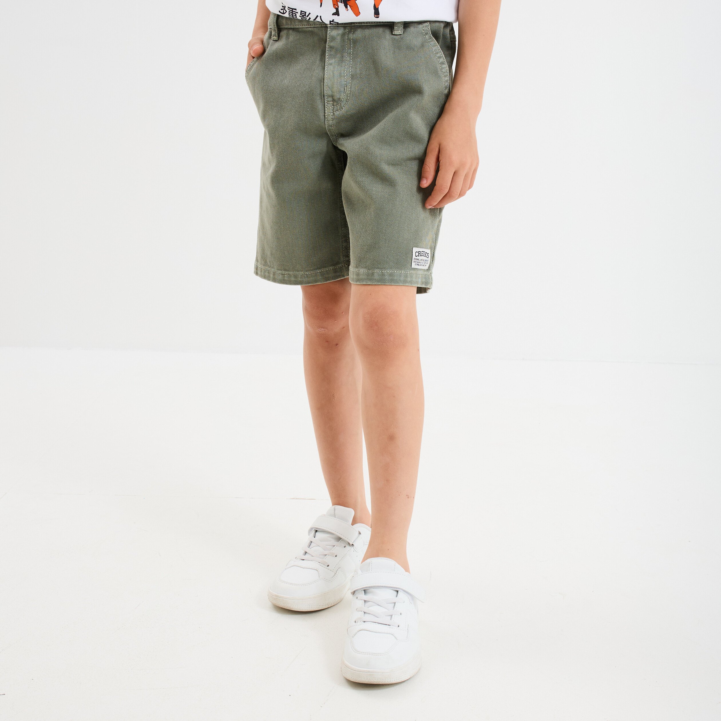 bermuda large taille elastiquee coton vert kaki garcon Bermuda large taille élastiquée coton vert kaki garçon