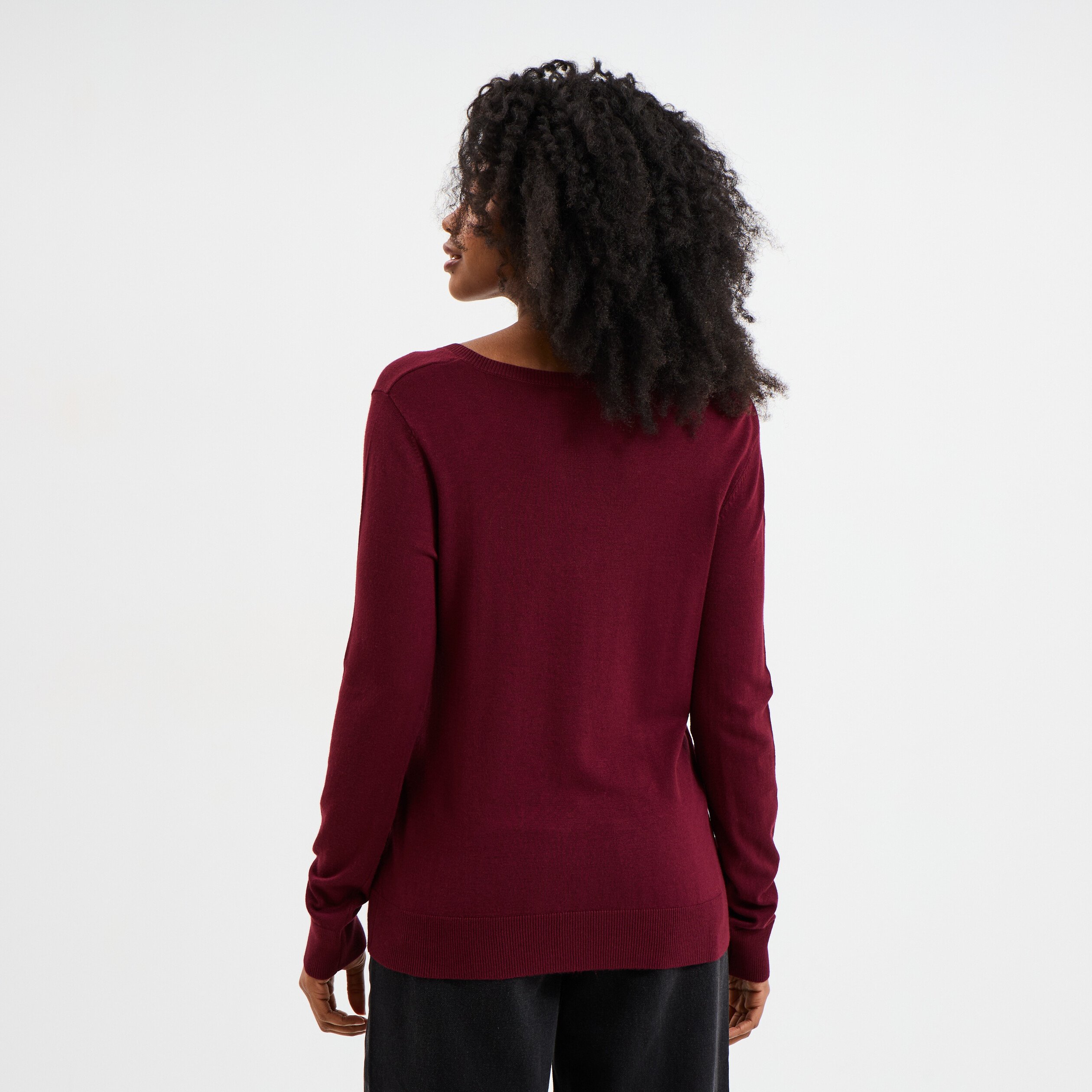 Pull col en V manches longues bordeaux femme