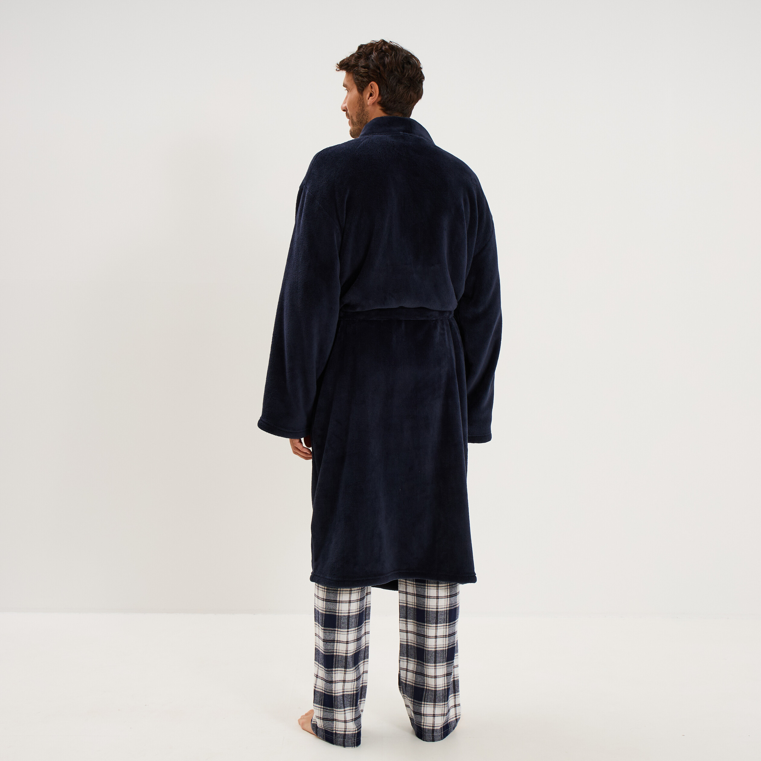 Peignoir long effet velours bleu fonc&eacute; homme
