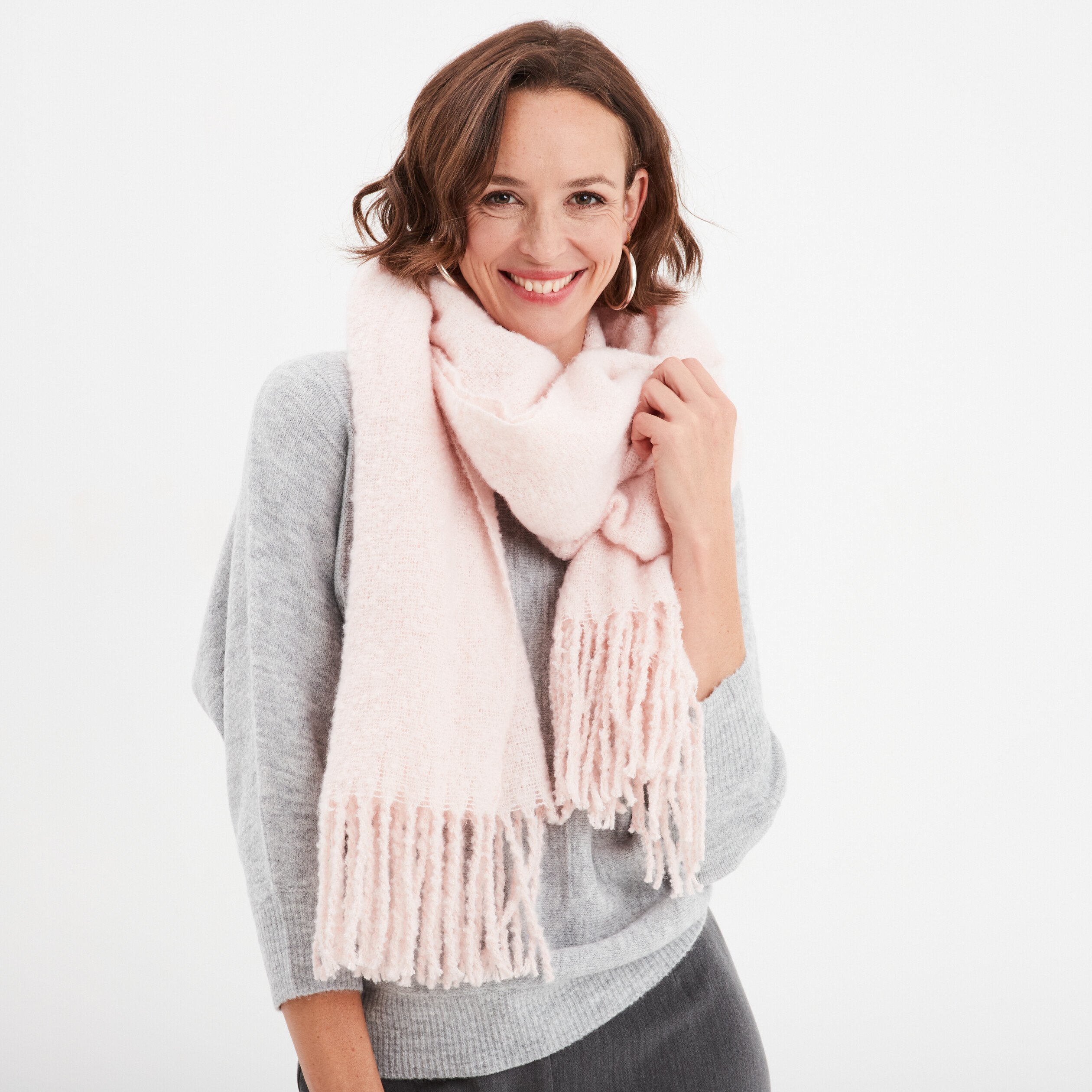 echarpe a bords franges longues rose femme Écharpe à bords franges longues rose femme