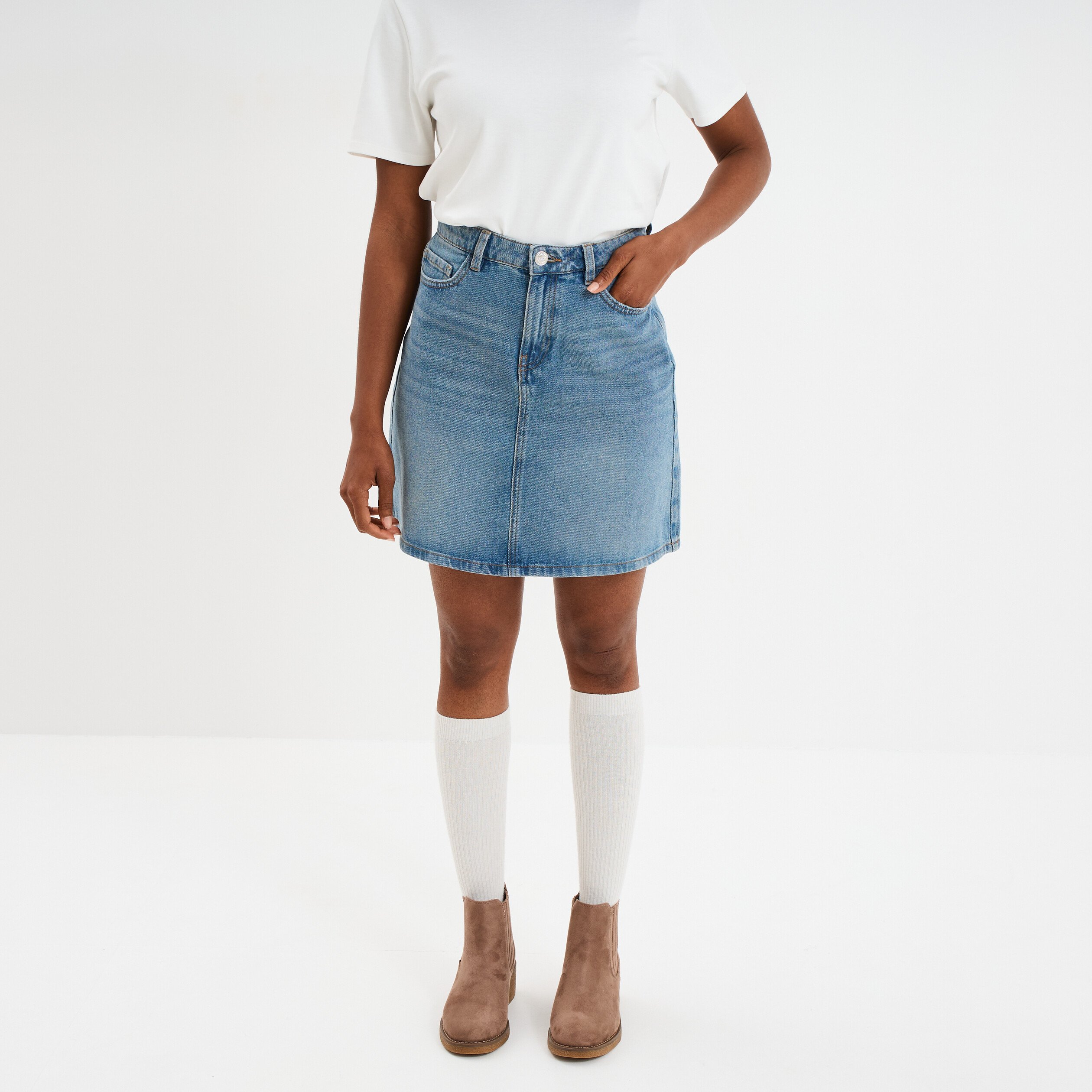jupe courte trapeze en jean coton denim double stone femme Jupe courte trapèze en jean coton denim double stone femme