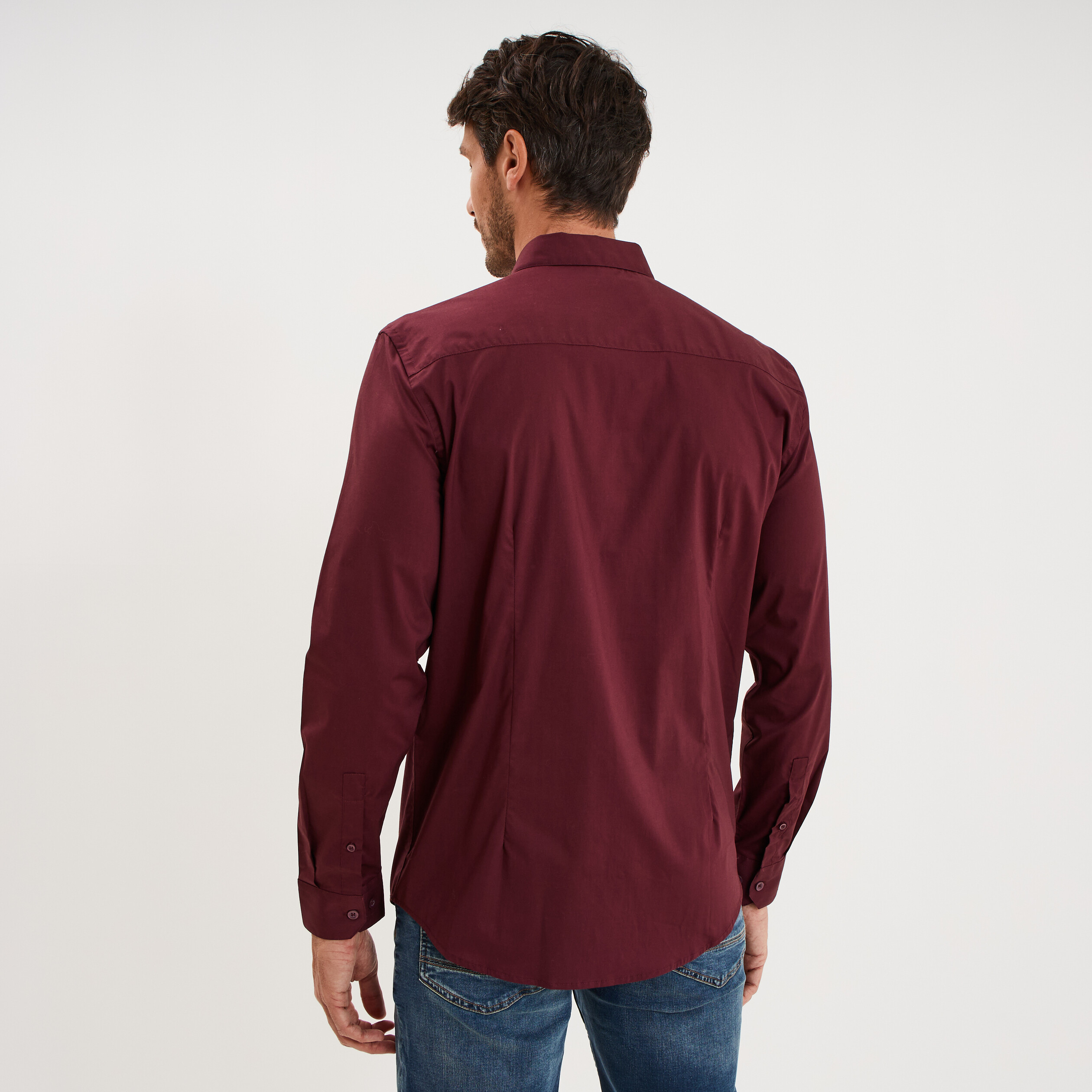 Chemise stretch manches longues violet fonc&eacute; homme