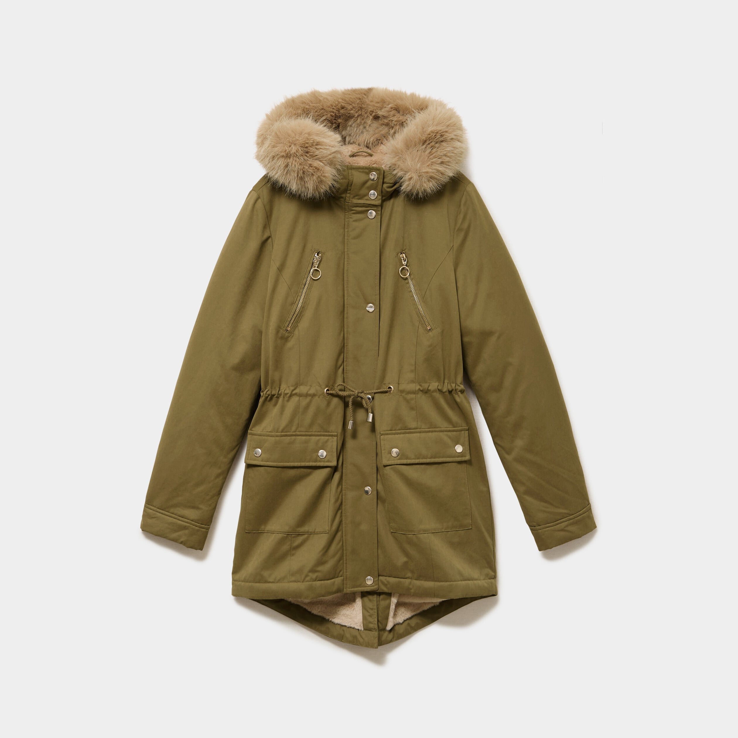 Parka cintr&eacute;e capuche fausse fourrure vert kaki femme