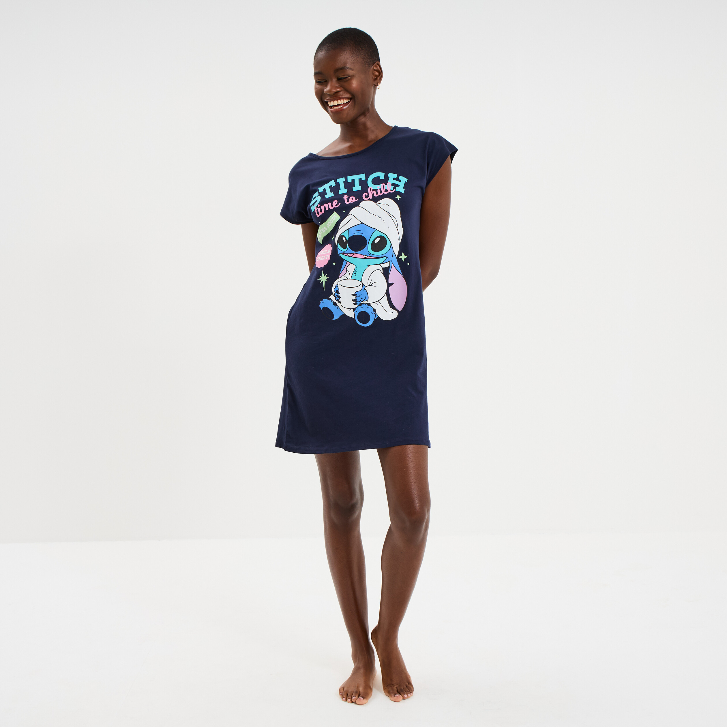 Chemise de nuit manches courtes Stitch bleu marine femme