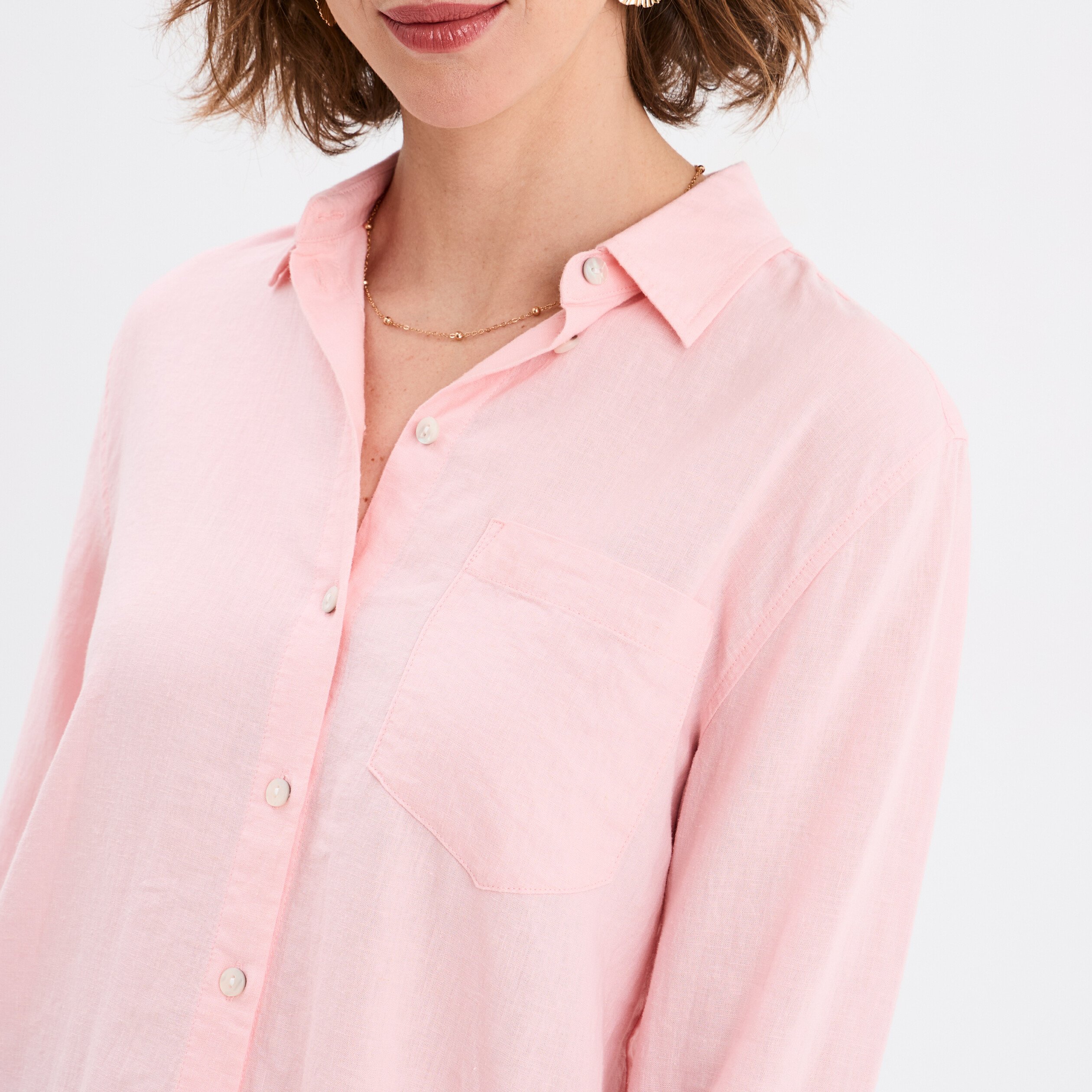 chemise lin melange manches longues rose clair femme Chemise lin mélangé manches longues rose clair femme