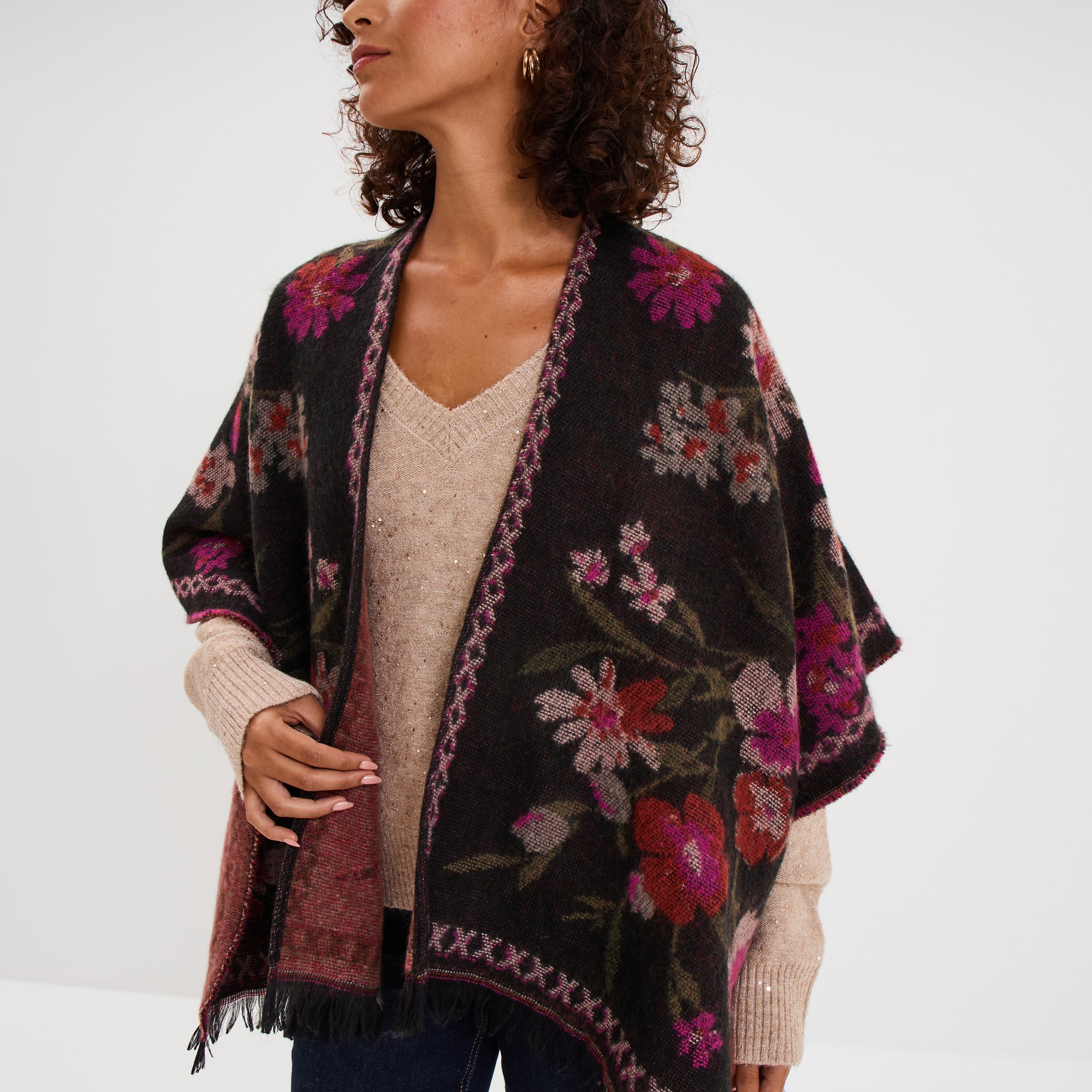 Poncho mi-long avec franges multicolore femme