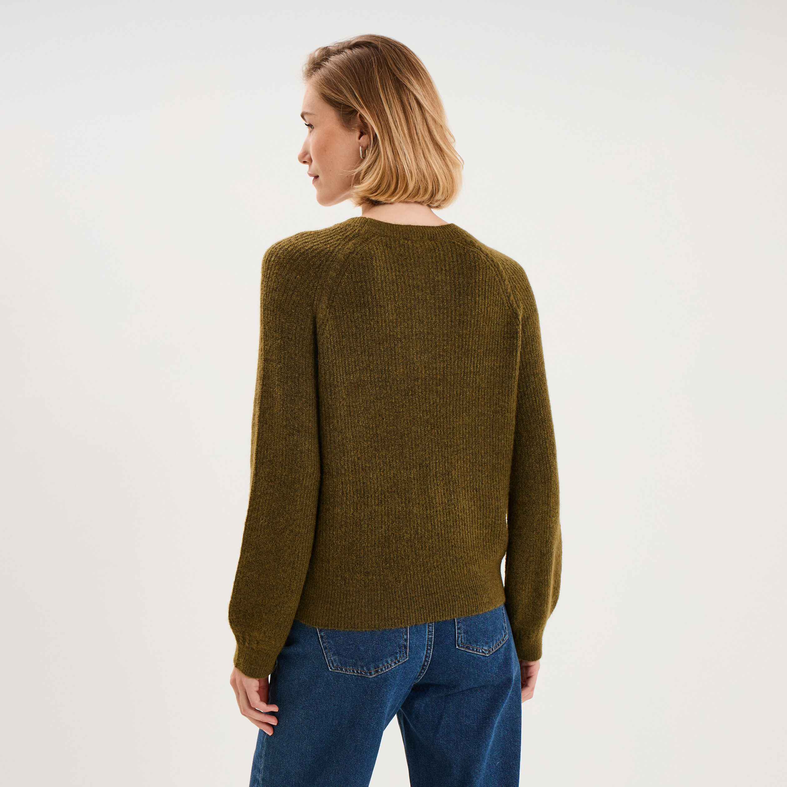 Pull col rond manches longues vert olive femme
