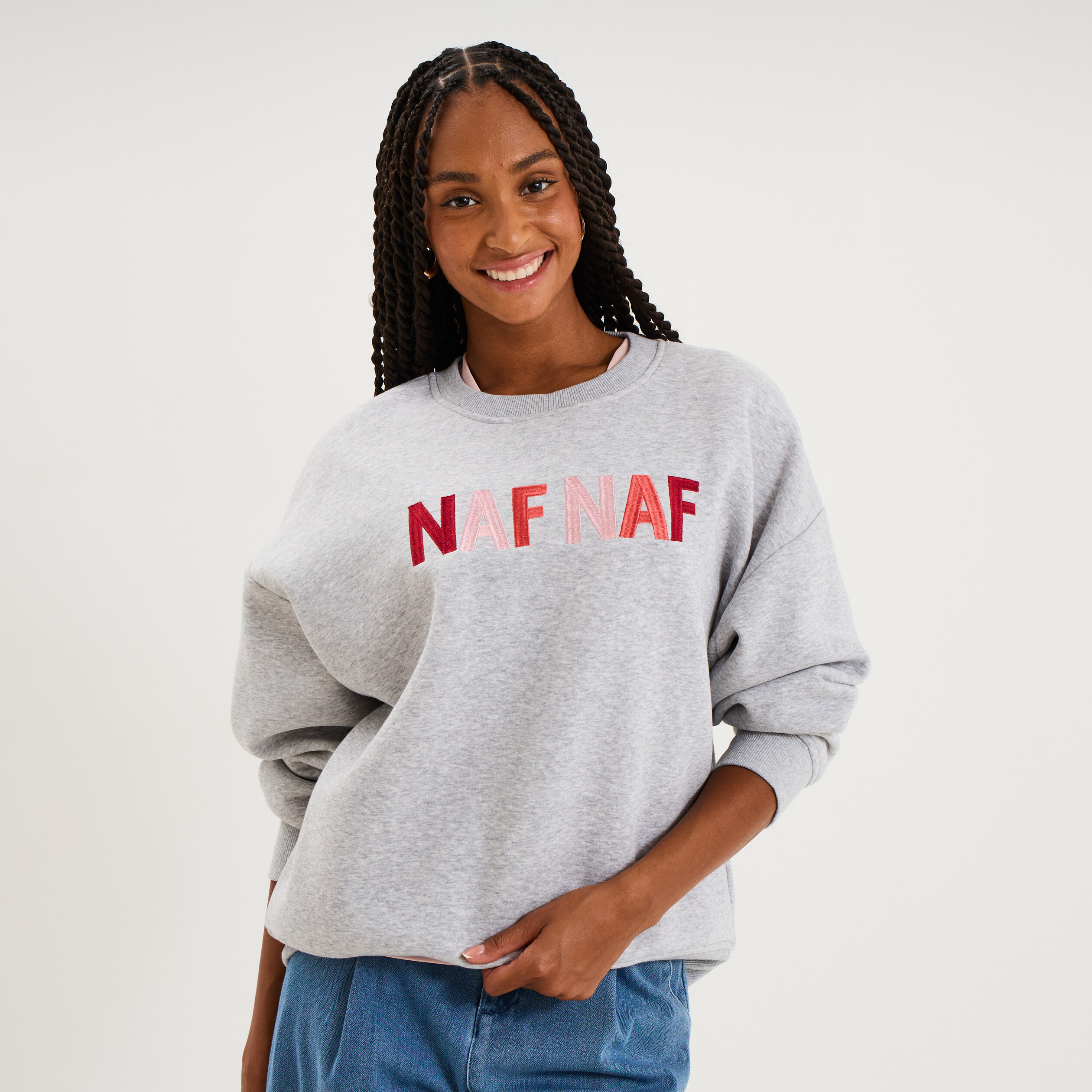 Sweat col rond logo oversize gris clair femme