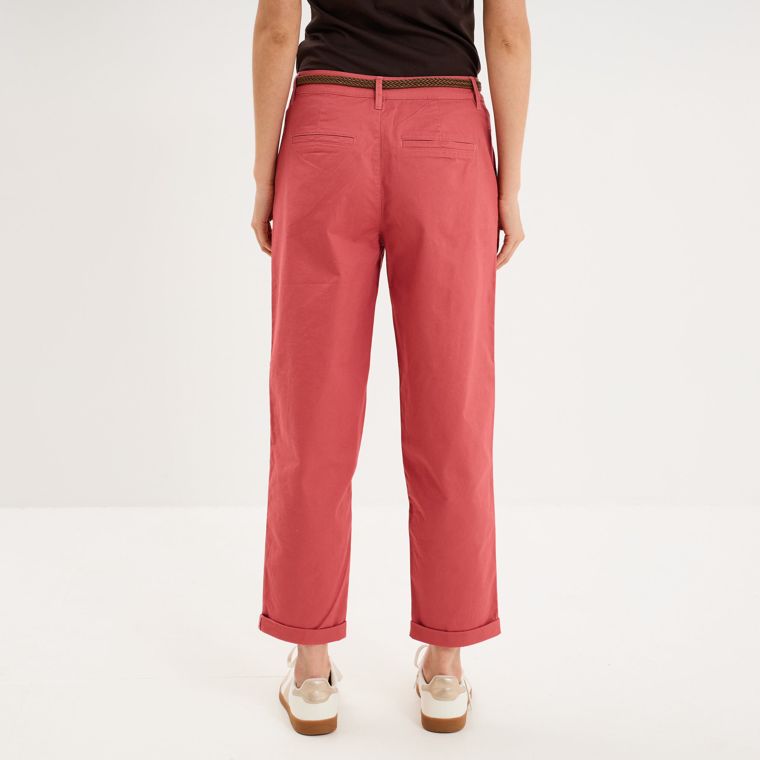 Pantalon chino regular ceinture tress&eacute;e vieux rose femme
