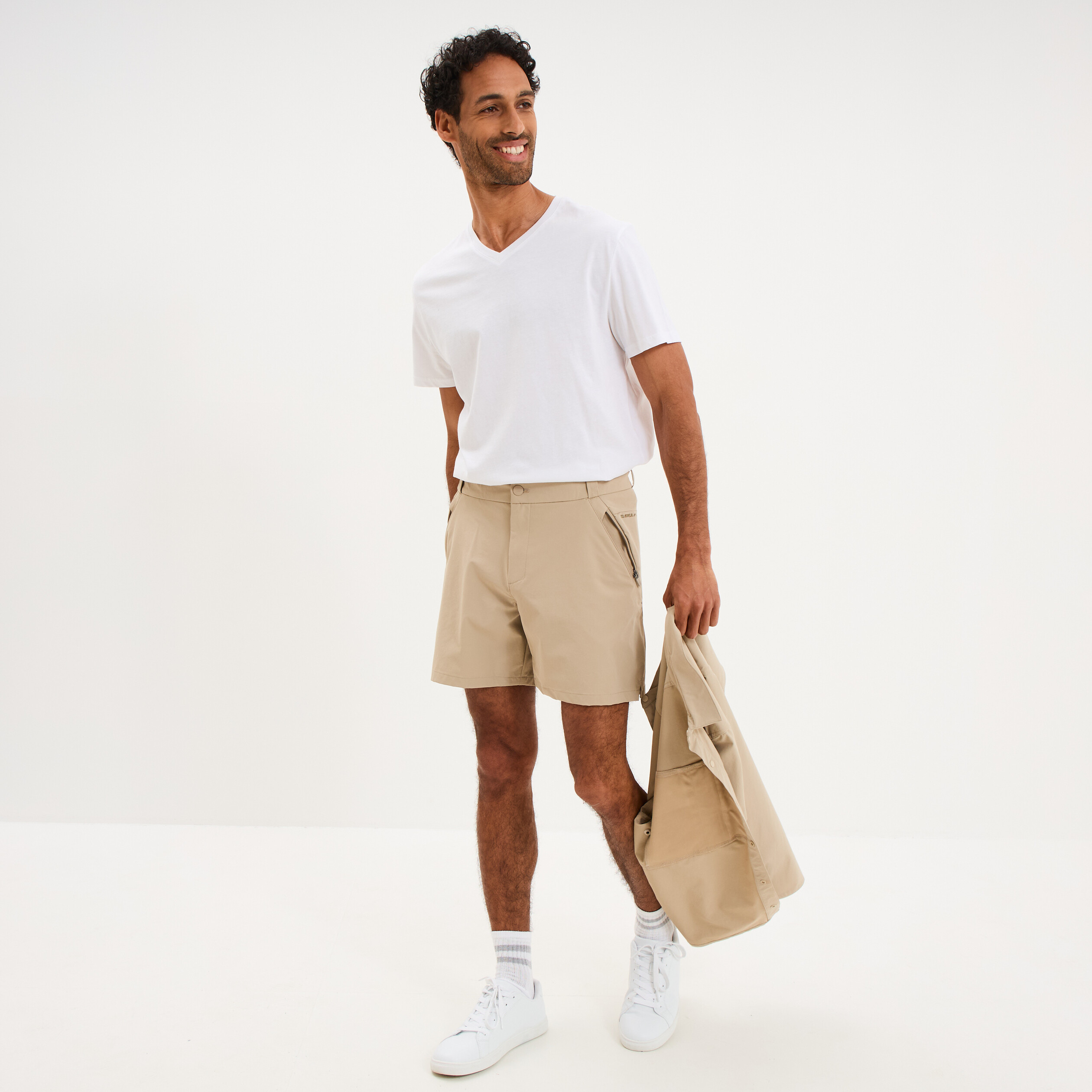 Short droit stretch poches zipp&eacute;es beige homme