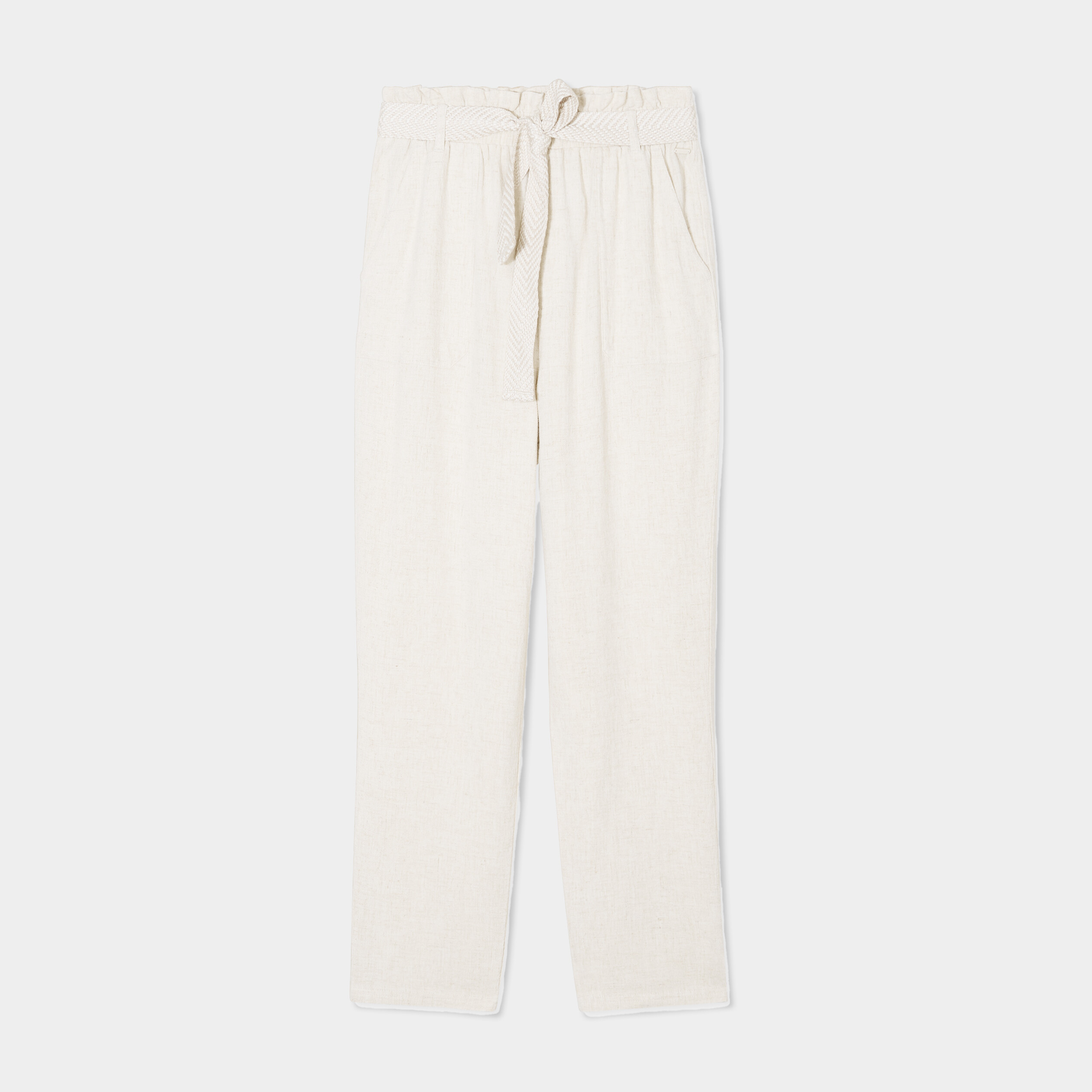 Pantalon paperbag &eacute;lastiqu&eacute; m&eacute;lange lin beige femme