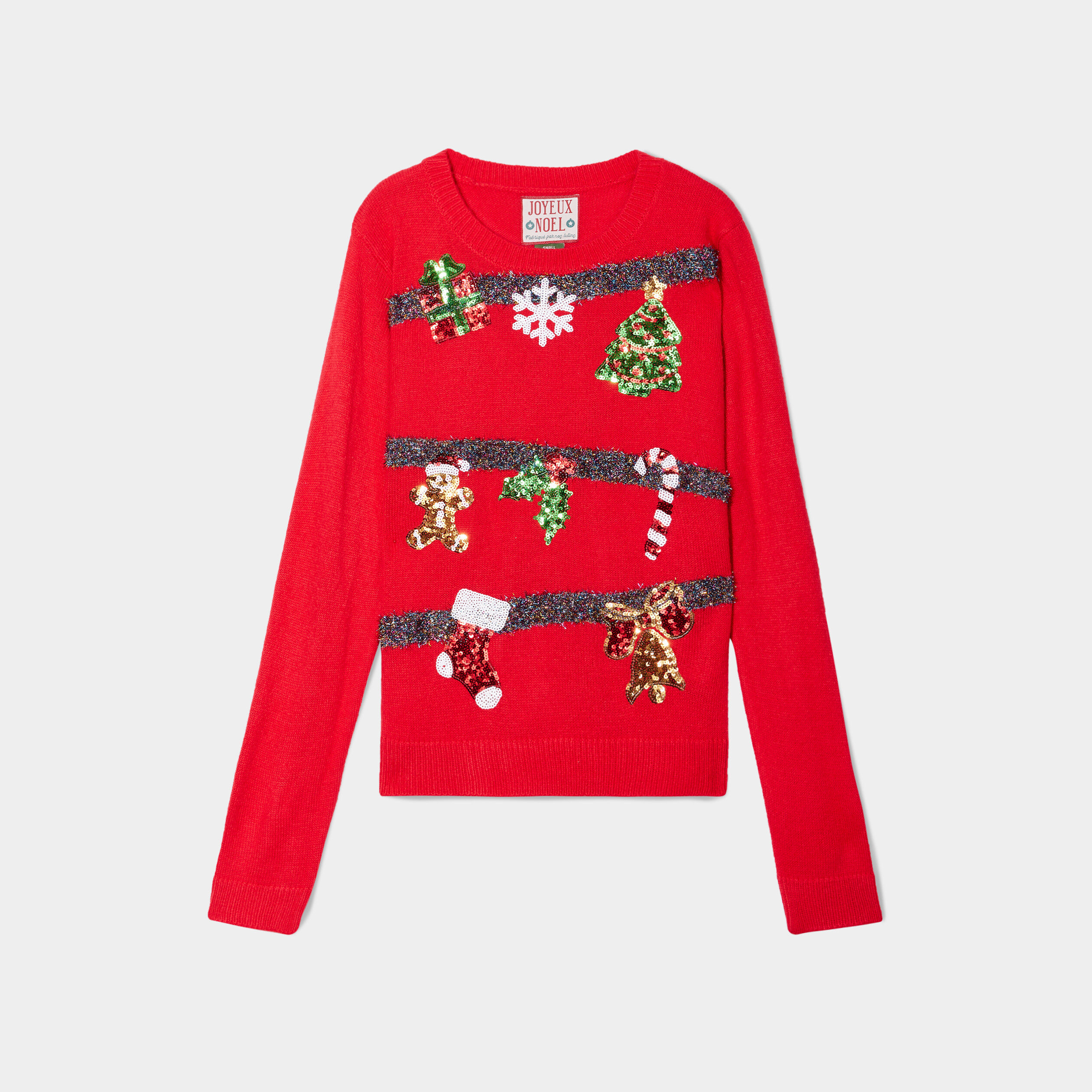 Pull de Noël guirlande et sequins rouge femme