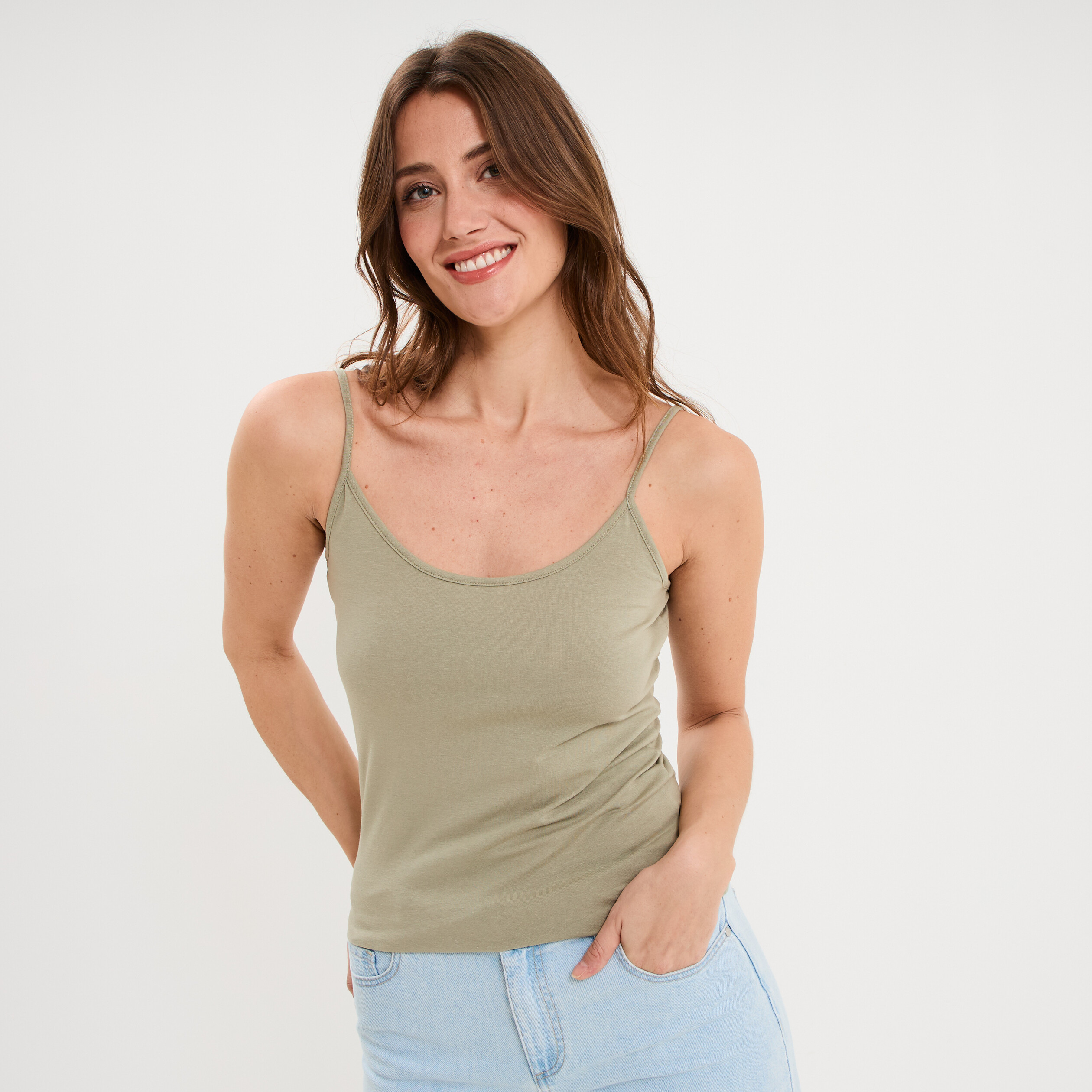 D&eacute;bardeur coton bretelles r&eacute;glables vert kaki femme