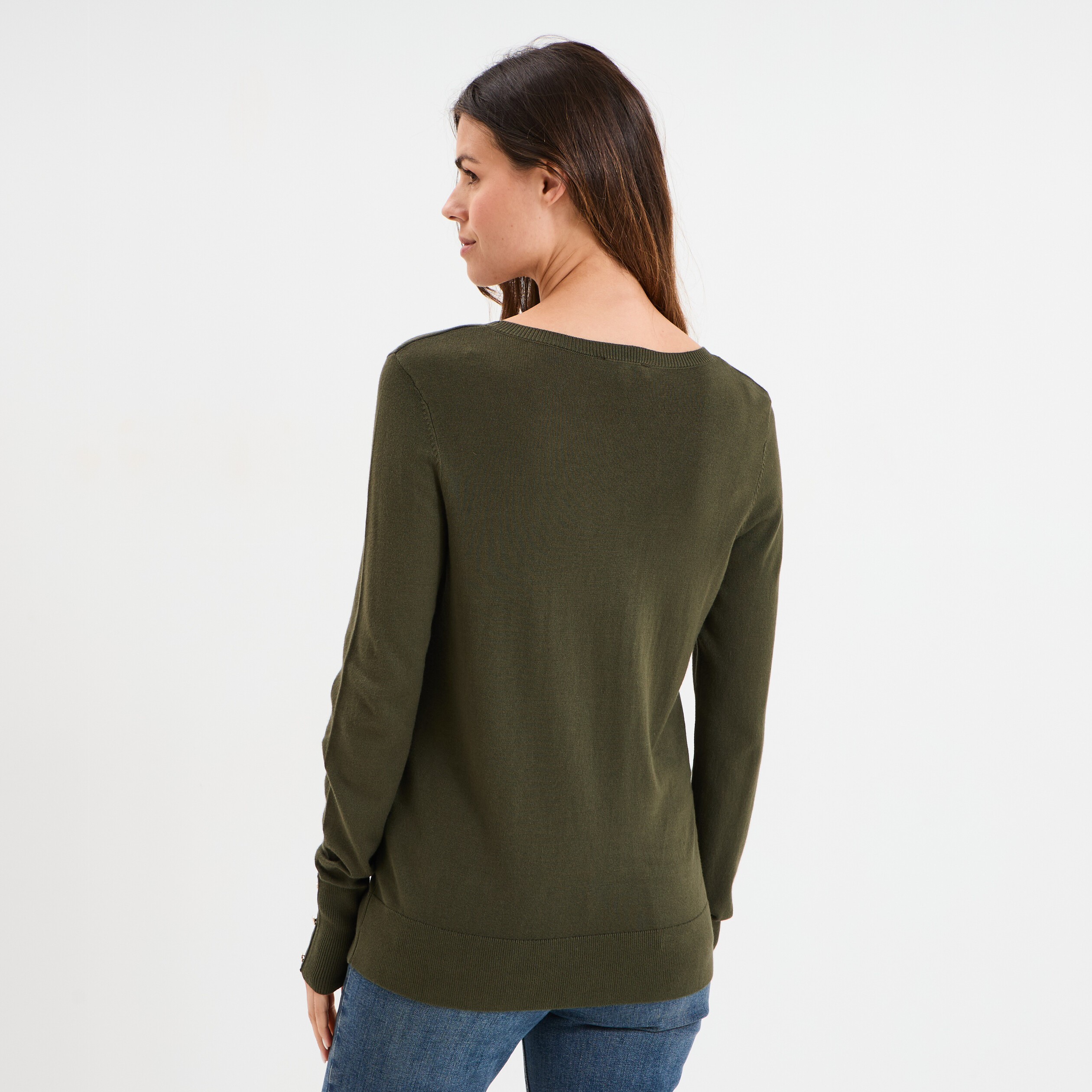 pull col rond boutons aux poignets vert kaki femme Pull col rond boutons aux poignets vert kaki femme