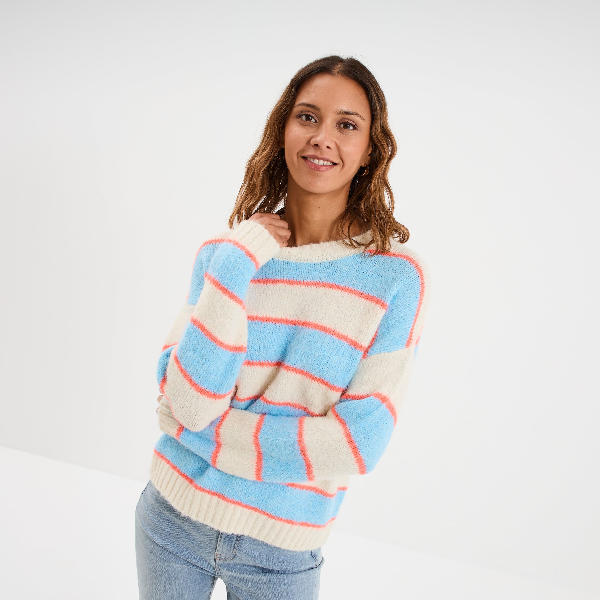 Pull col rond manches longues ecru femme