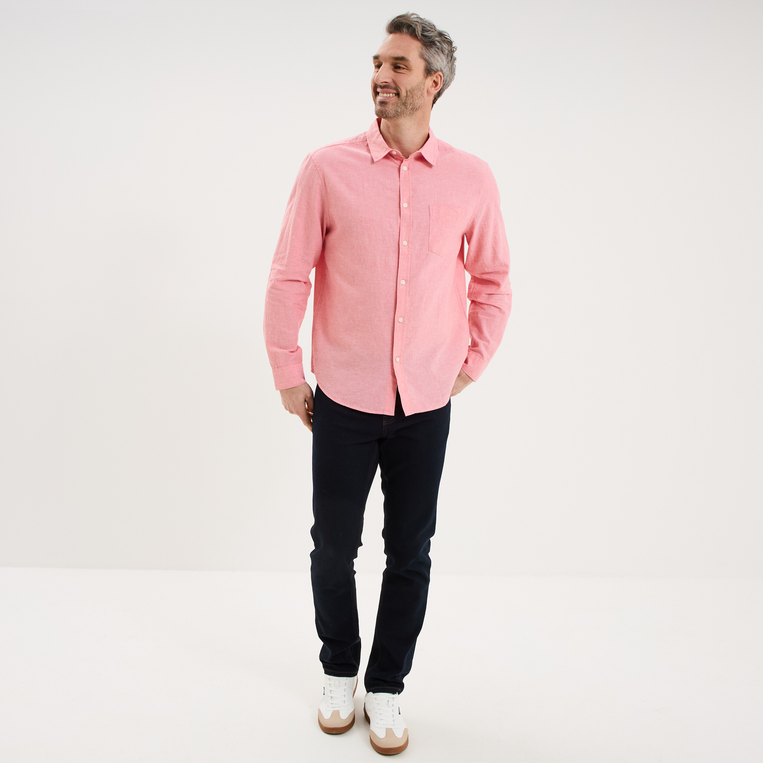 Chemise manches longues lin m&eacute;lang&eacute; rose fushia homme