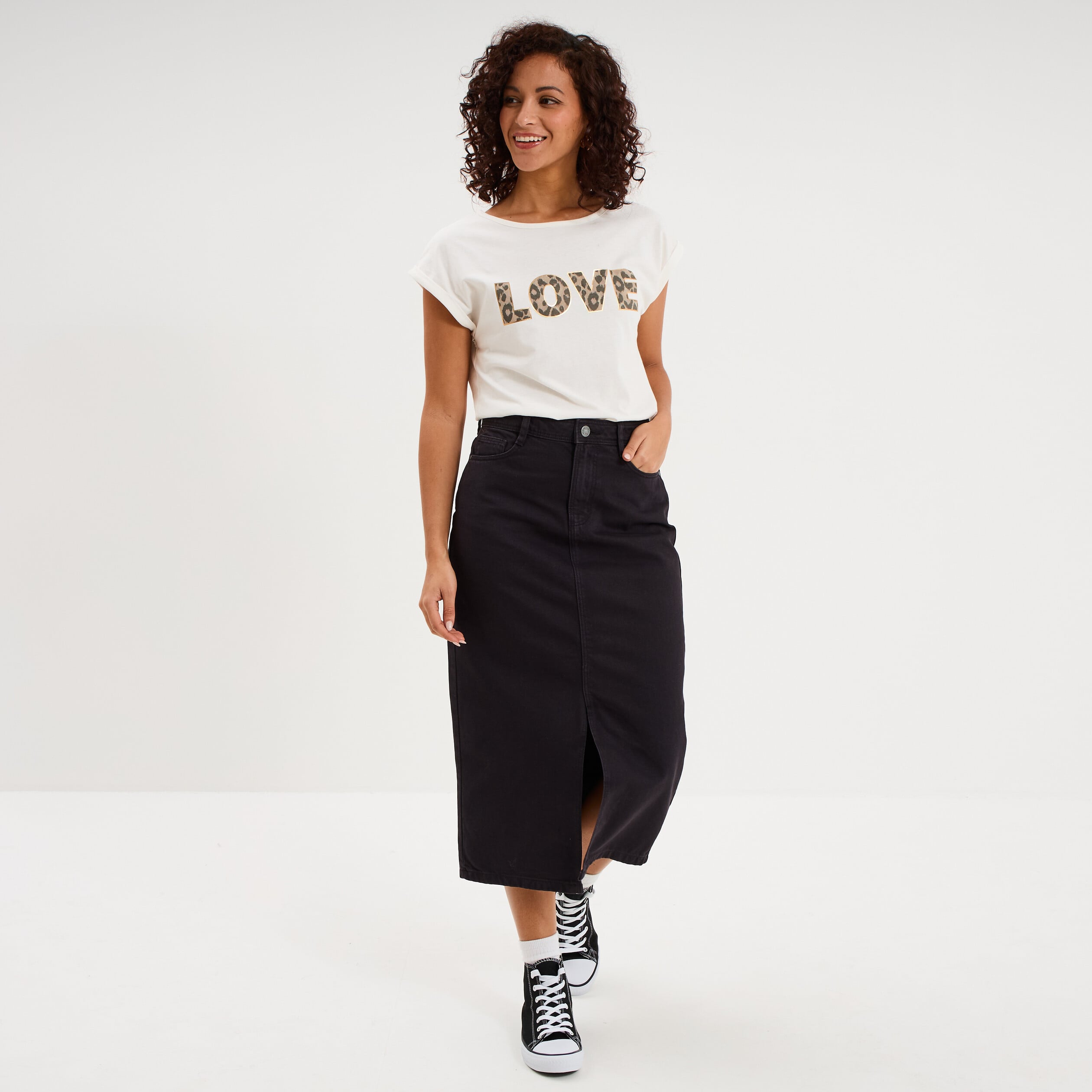 Jupe en jean longue fendue droite denim noir femme