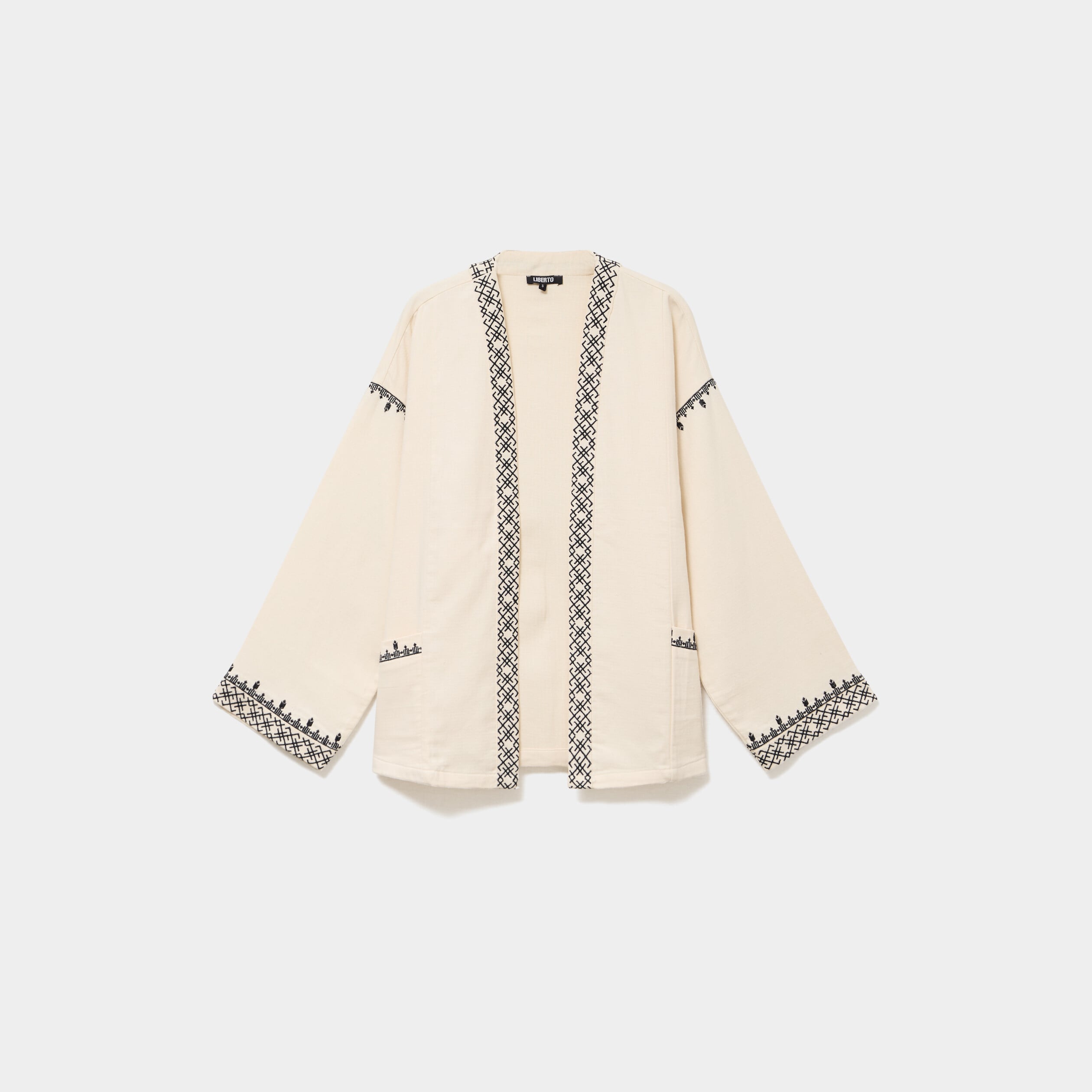 Veste esprit kimono brod&eacute;e coton ivoire femme