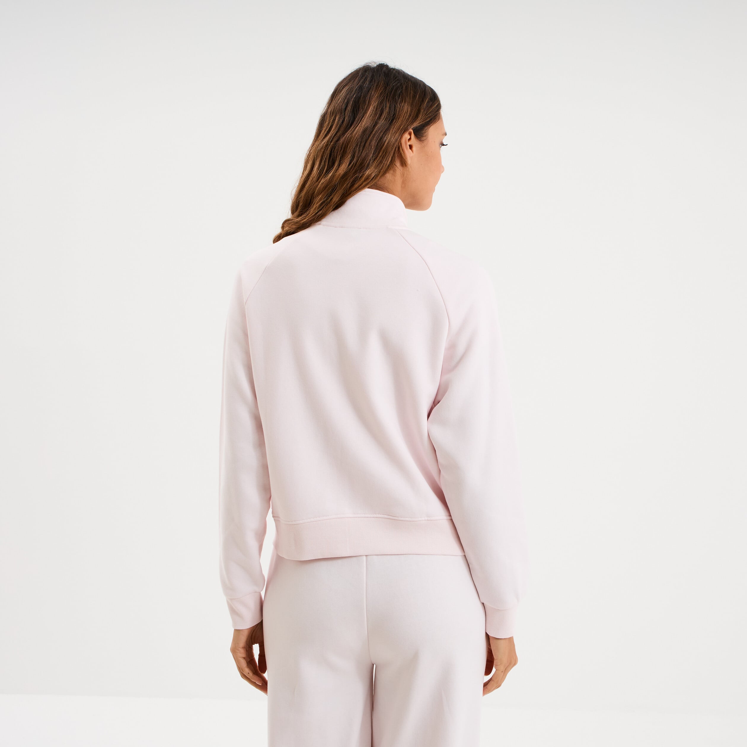 Sweat zipp&eacute; molleton col montant rose clair femme