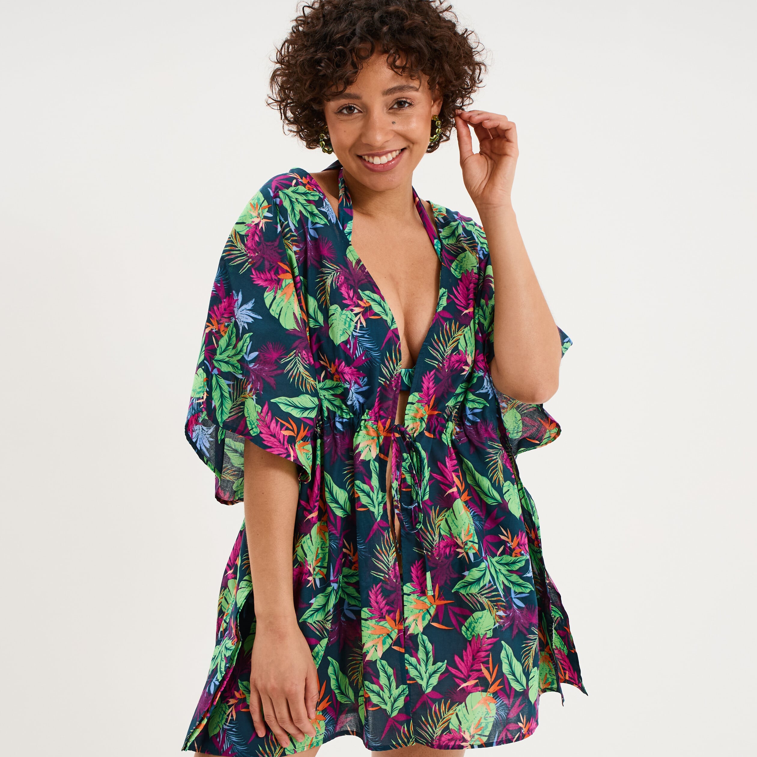 Robe de plage en coton col V bleu p&eacute;trole femme