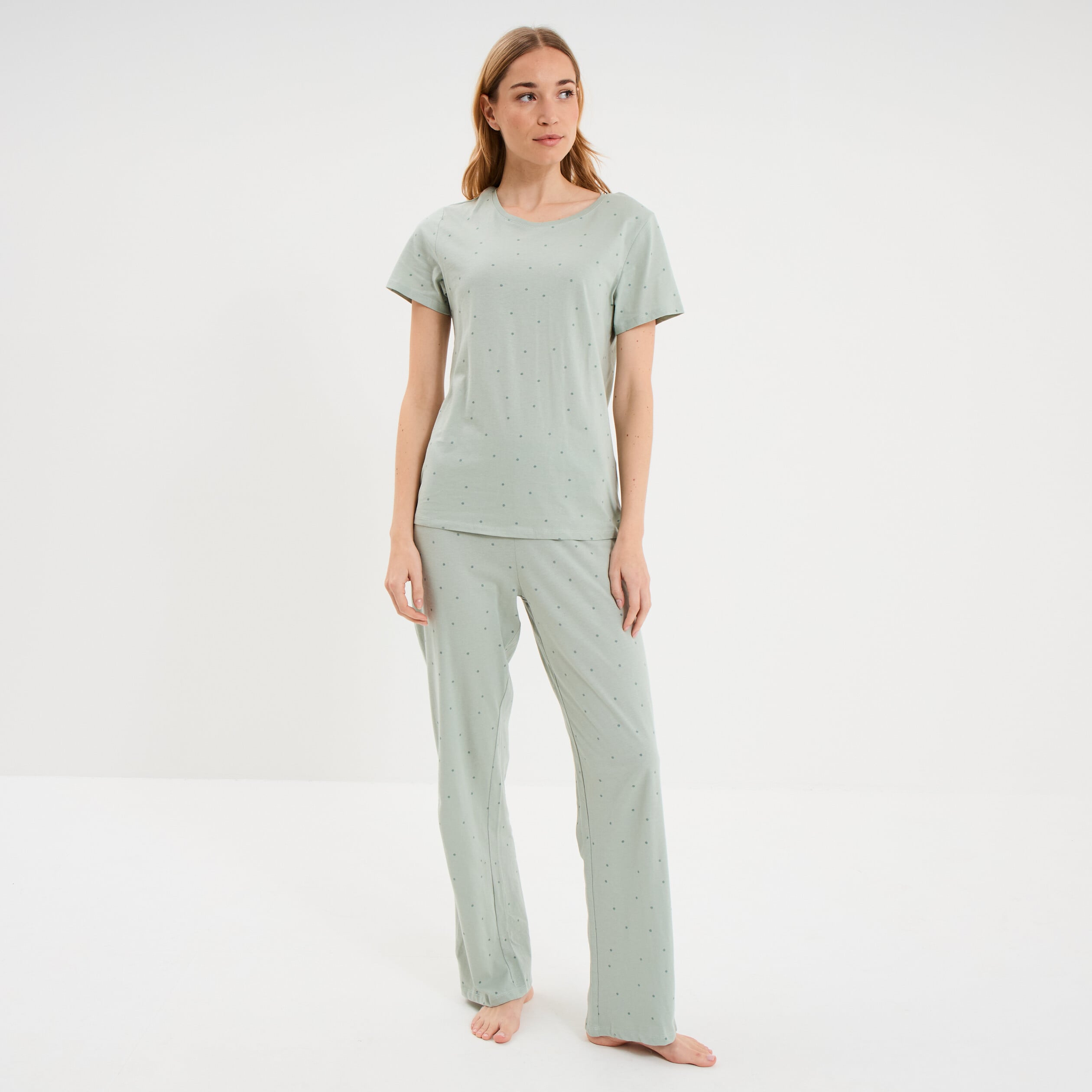 Ensemble pyjama t-shirt pantalon coton vert pastel femme