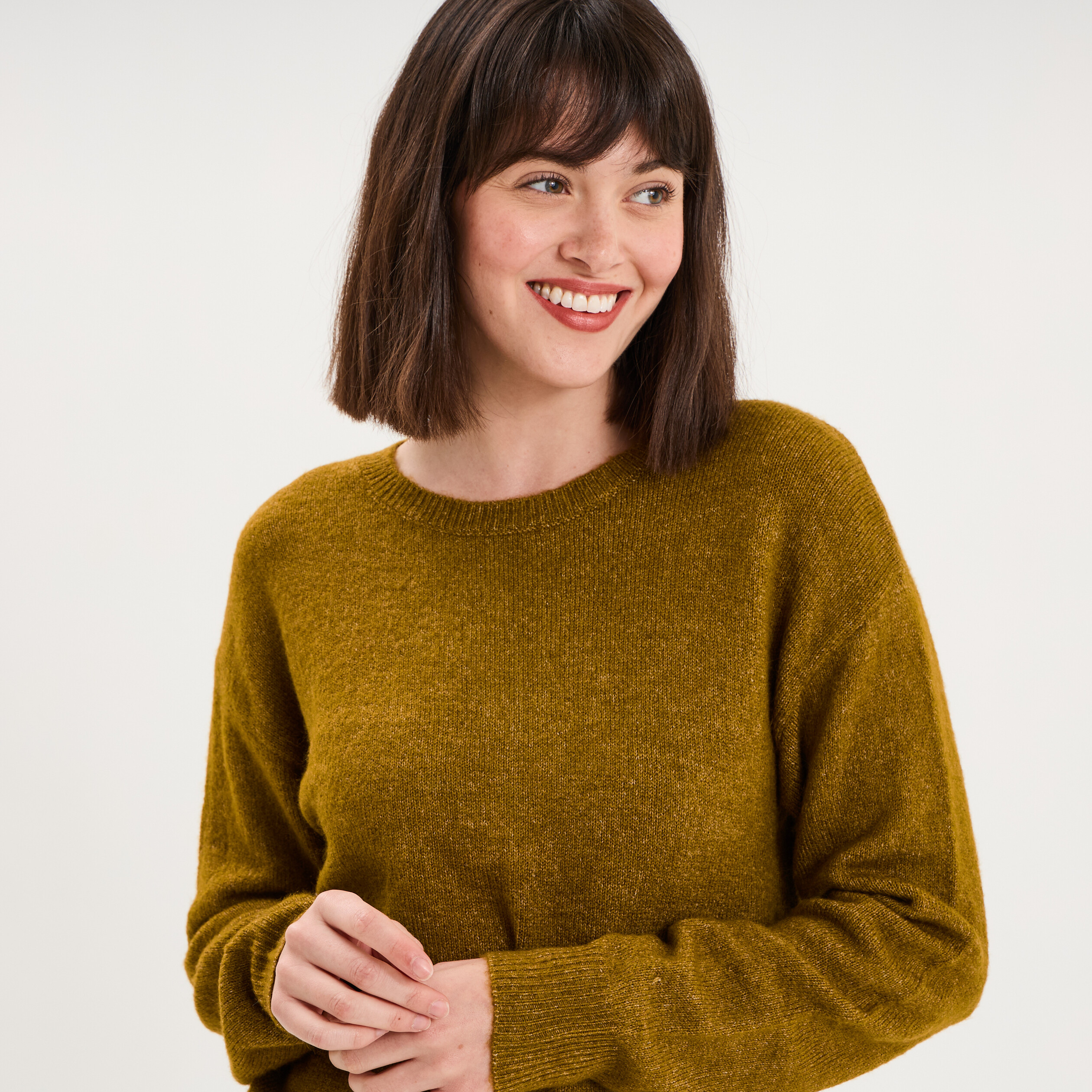 Pull col rond manches longues vert olive femme