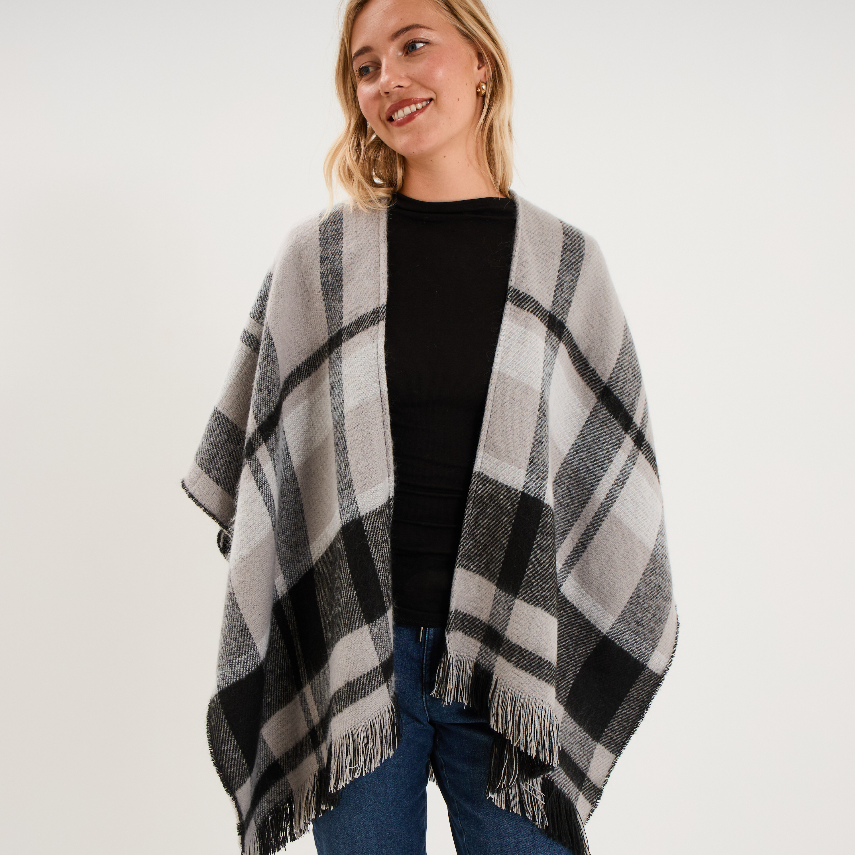 Poncho &agrave; franges gris femme