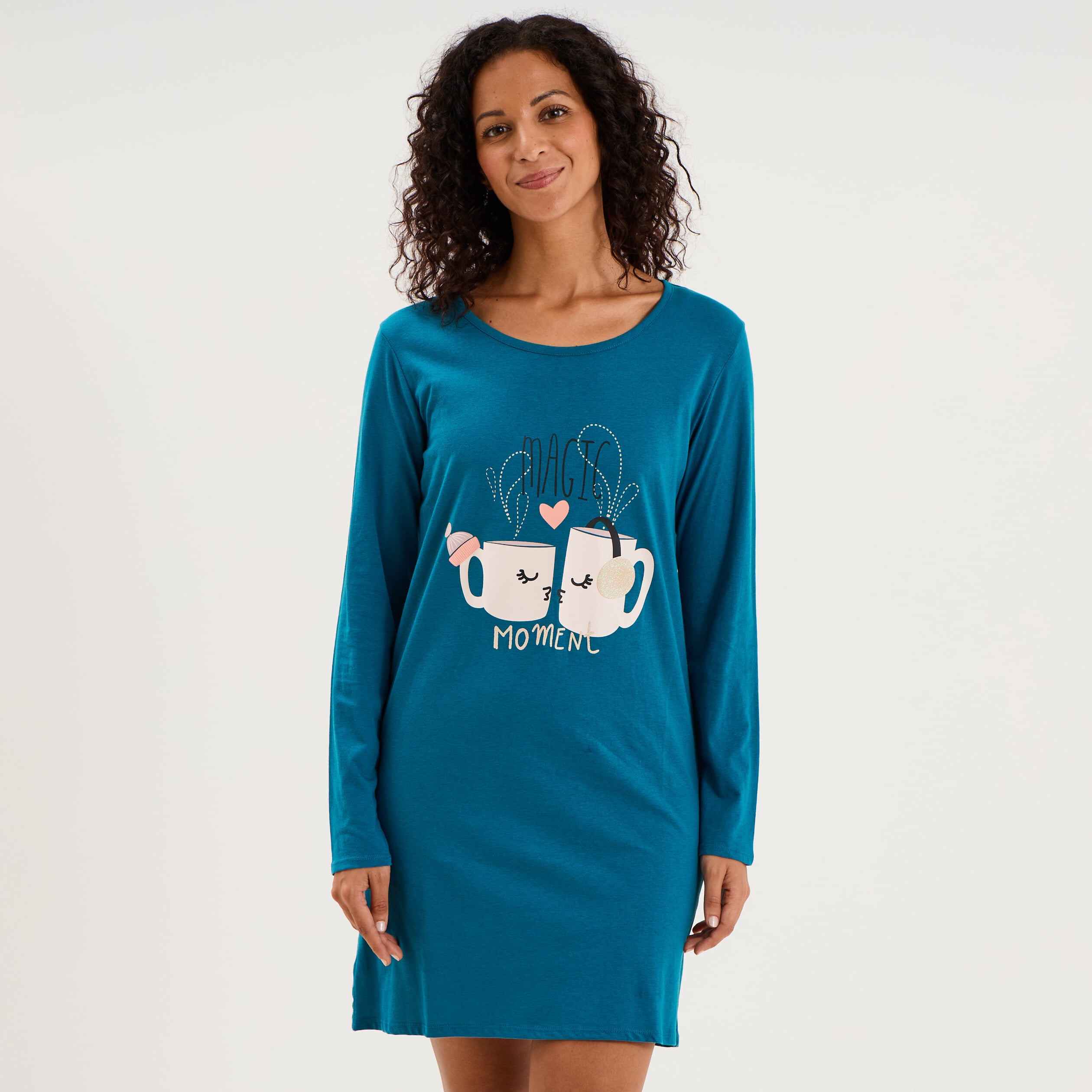Chemise de nuit courte coton bleu canard femme