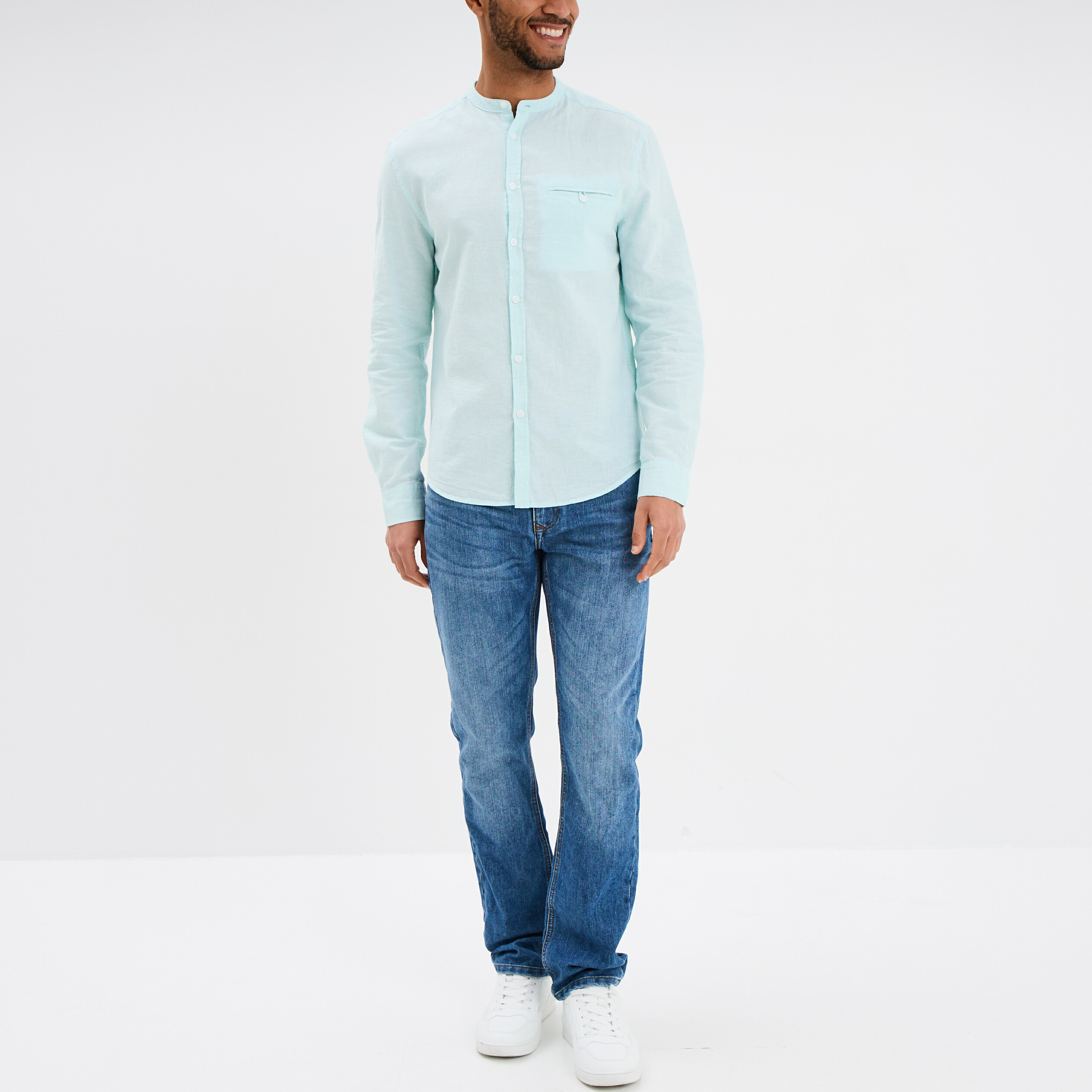 Chemise col mao lin mélangé bleu turquoise homme