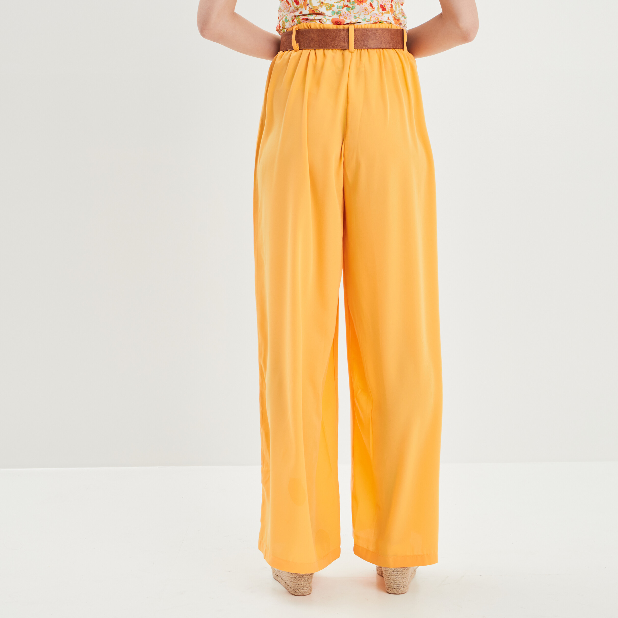 pantalon fluide taille haute ceinturee orange femme Pantalon fluide taille haute ceinturée orange femme