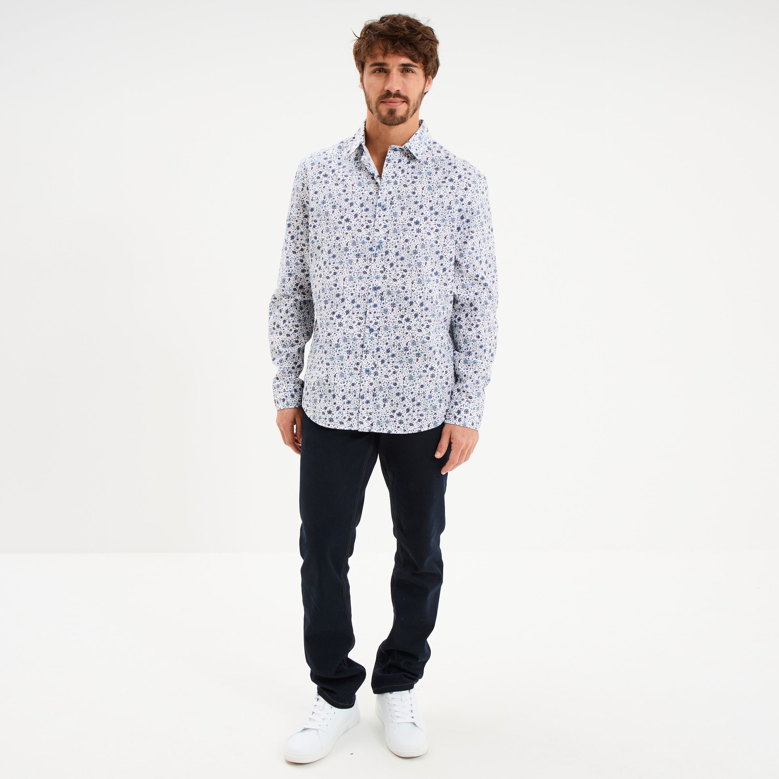 Chemise droite imprim&eacute;e manches longues bleu gris homme