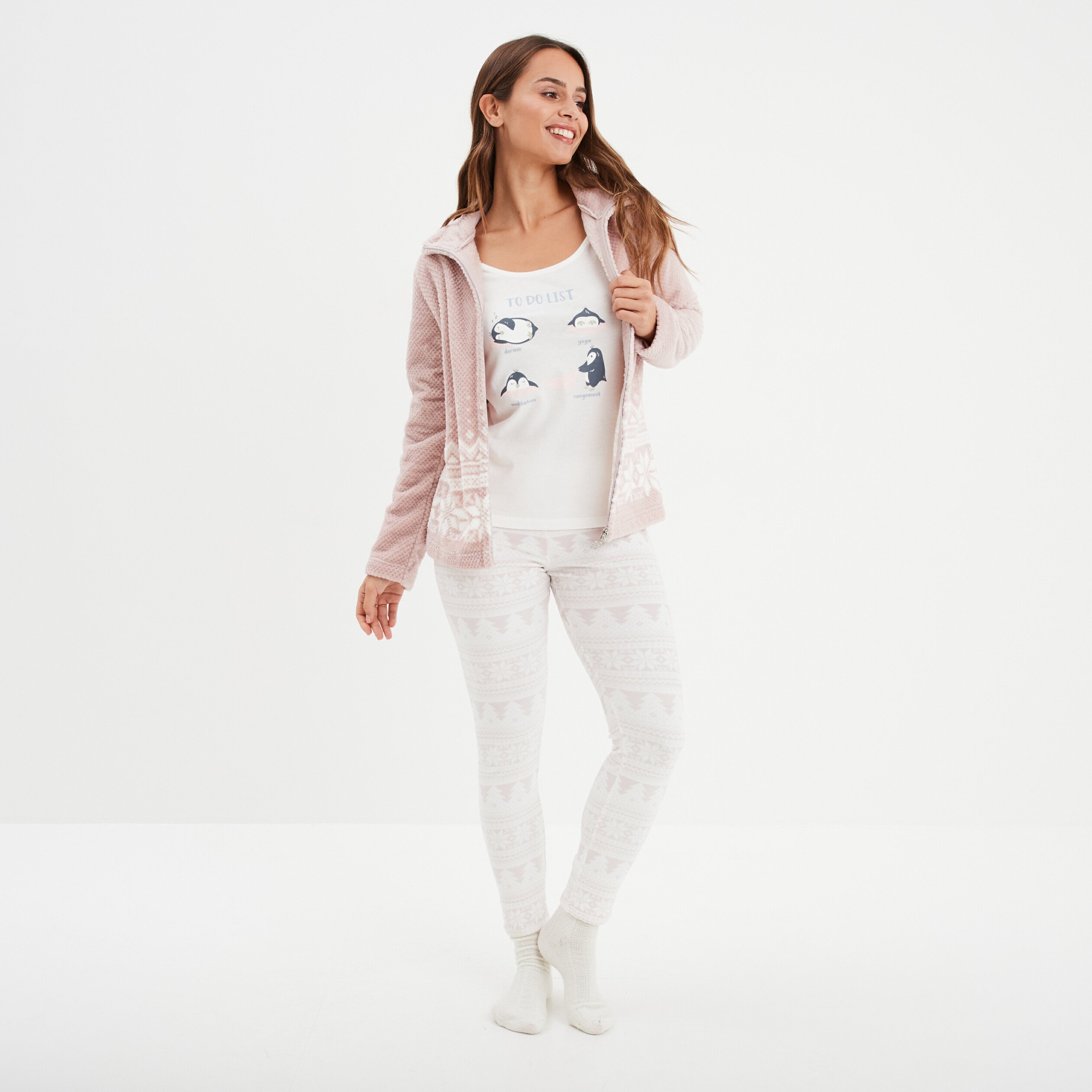 Ensemble pyjama effet polaire 3 pièces rose pastel femme