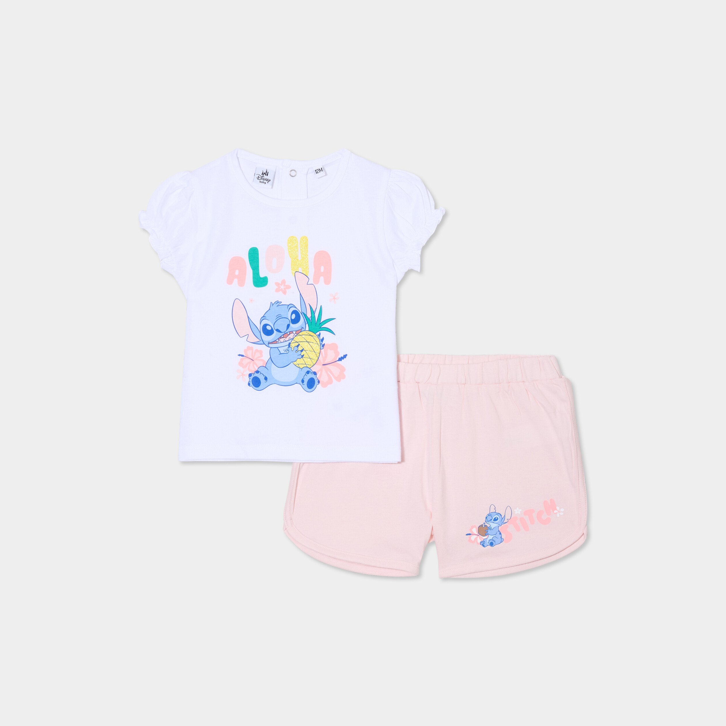 ensemble 2 pieces avec short stitch rose clair bebef Ensemble 2 pièces avec short Stitch rose clair bébé fille