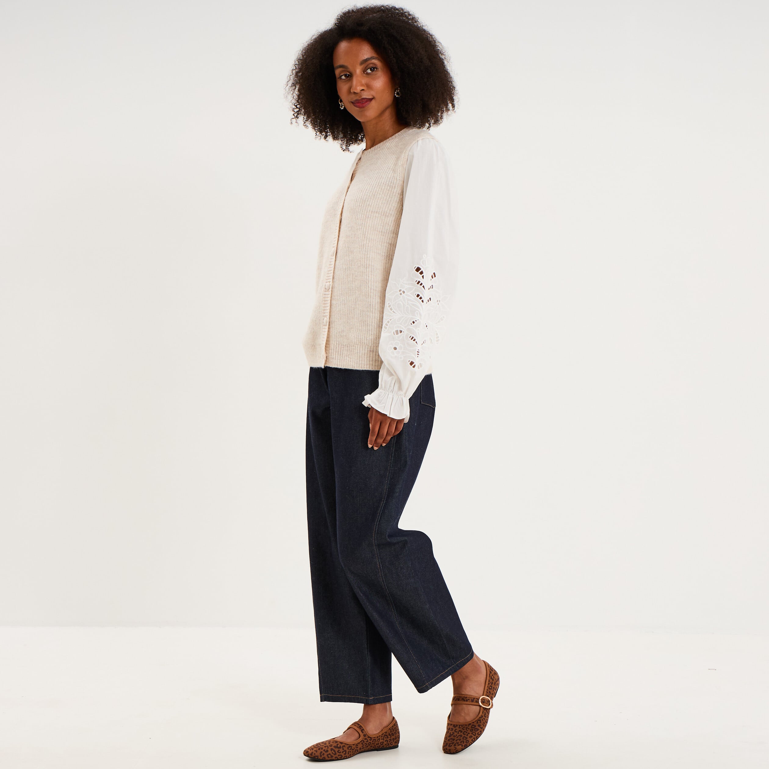 Gilet 2 en 1 bi-mati&egrave;re col rond beige femme