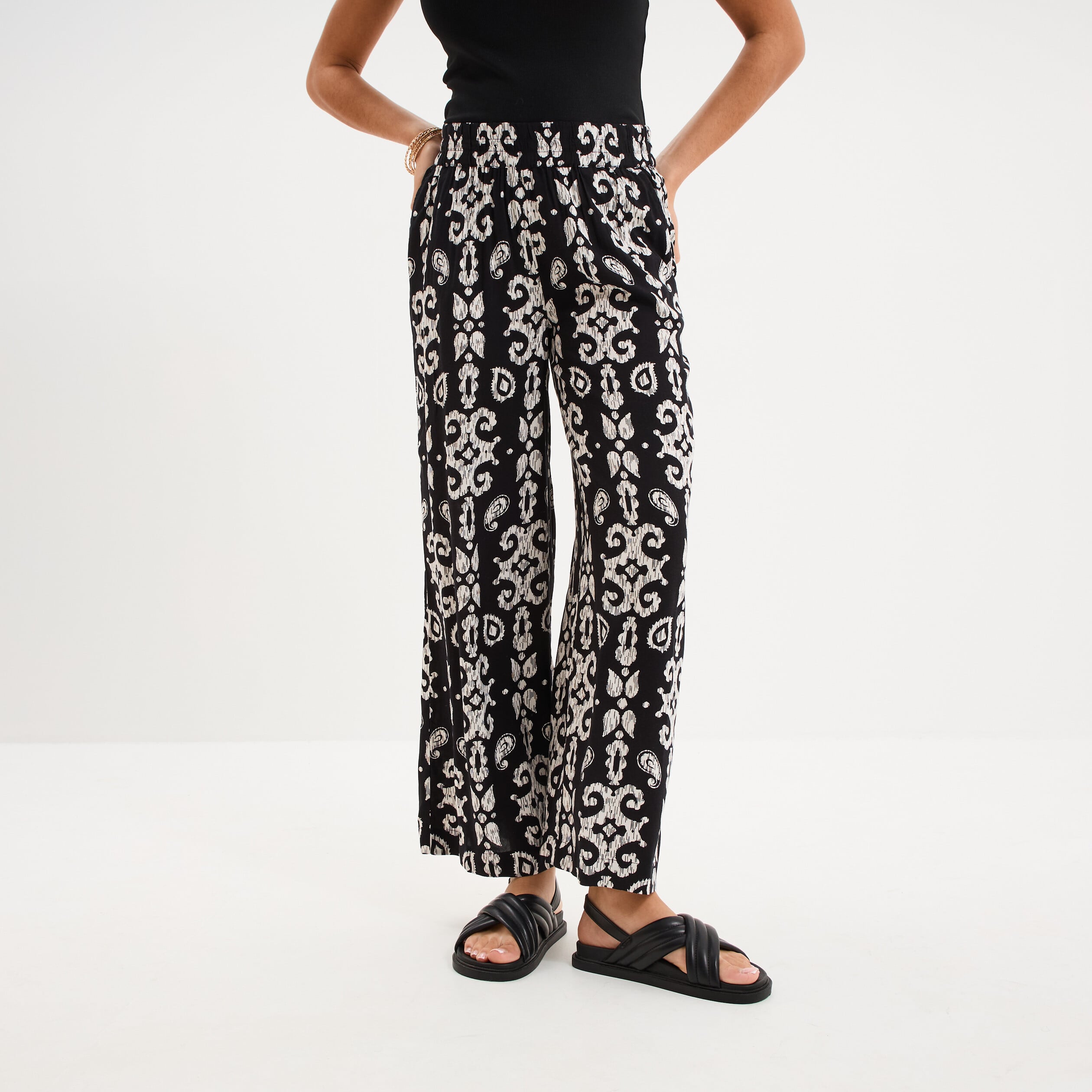 Pantalon fluide large taille &eacute;lastiqu&eacute;e noir femme