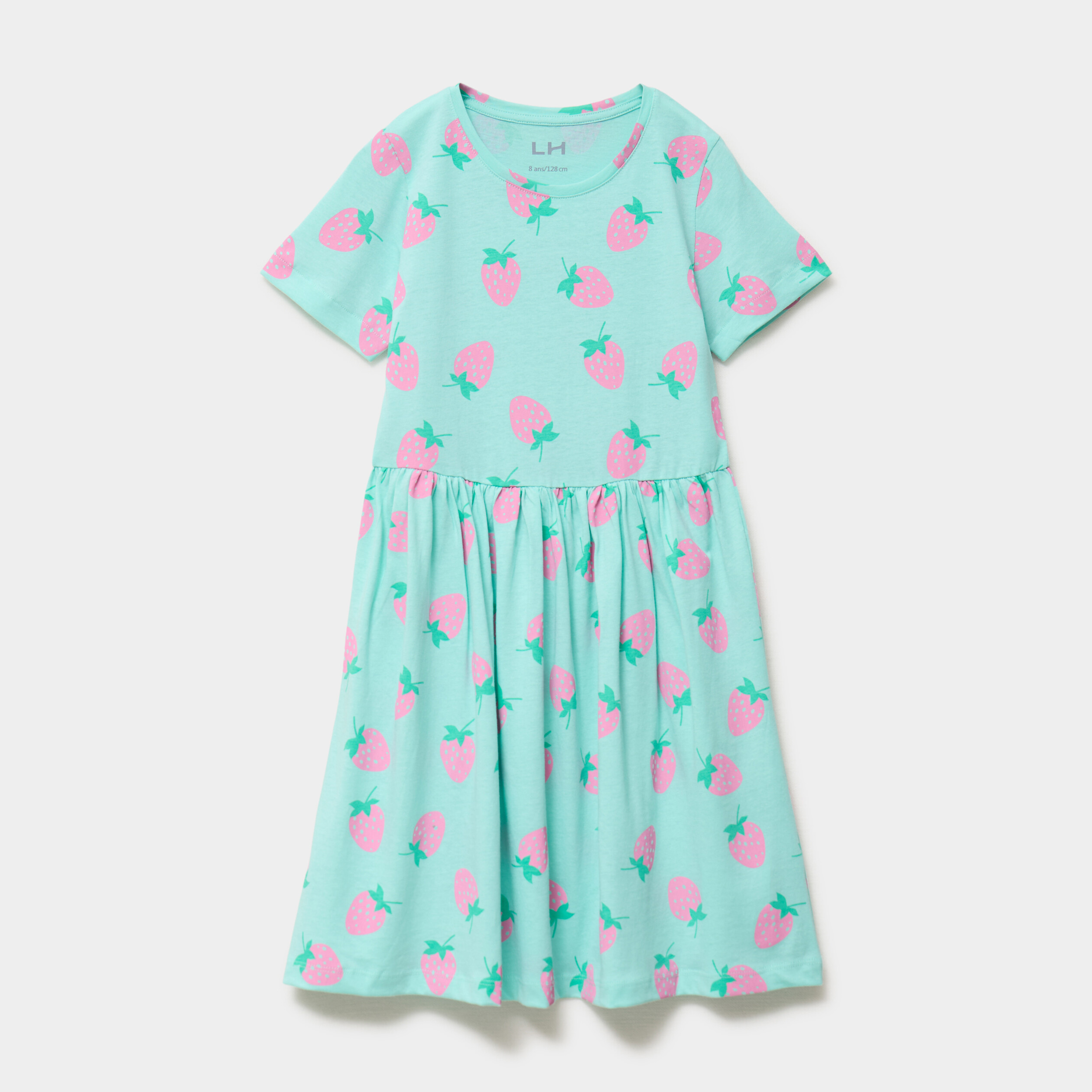 Robe courte &eacute;vas&eacute;e manches courtes coton bleu turquoise fille