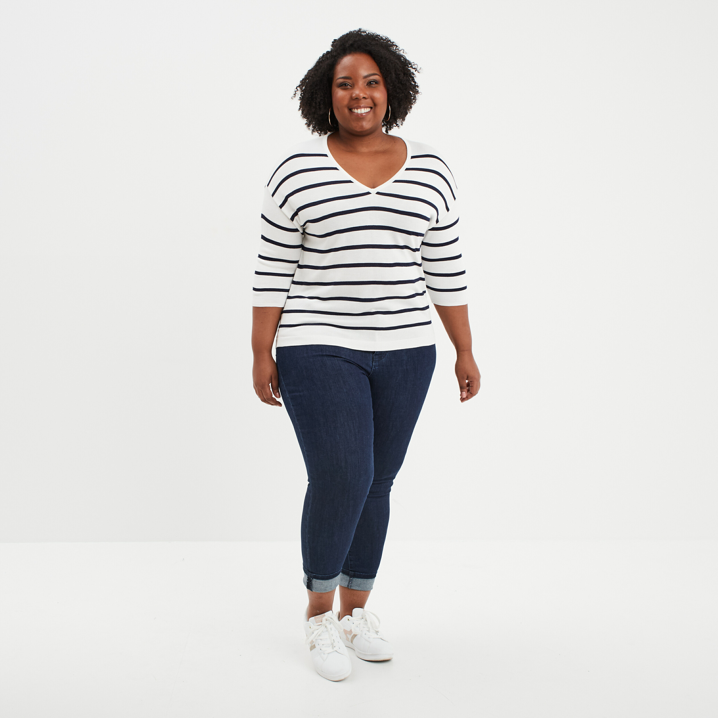 Pull col en V manches 3/4 ecru femme grande taille