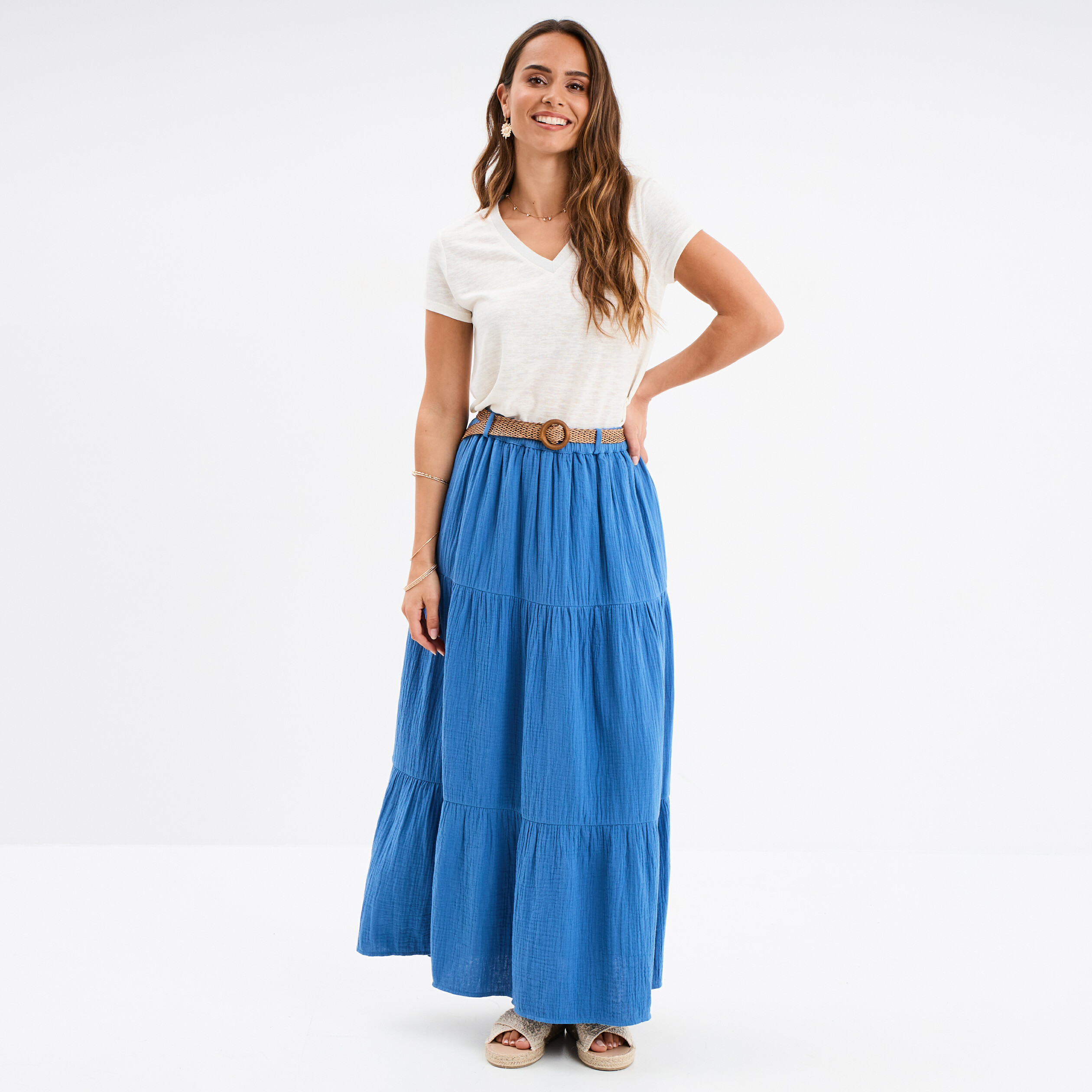 jupe longue gaze de coton ceinturee bleu fonce femme Jupe longue gaze de coton ceinturée bleu foncé femme